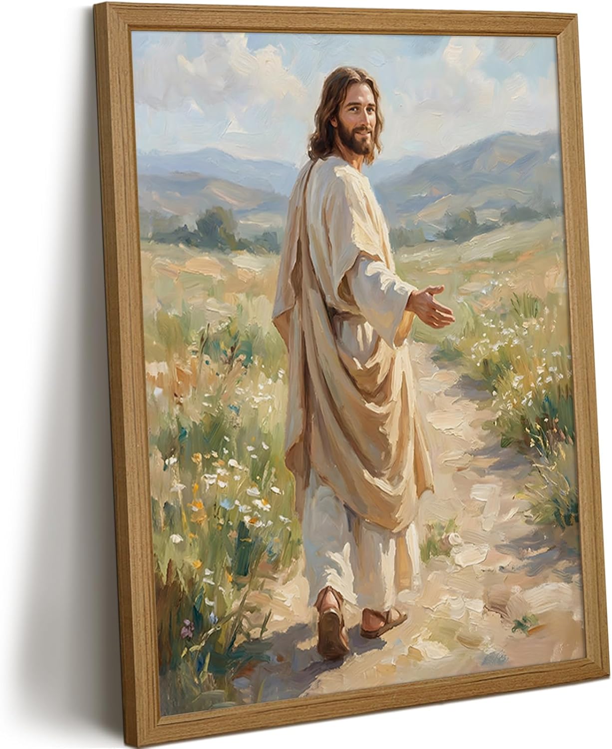 Pesiou Jesus Walking Path Wall Art Christian Poster Religious Canvas Wall Decor Follow Christ Pictures Jesus Portrait Prints Catholic Art Painting for Living Room Prayer Room 12x16 Inch Framed