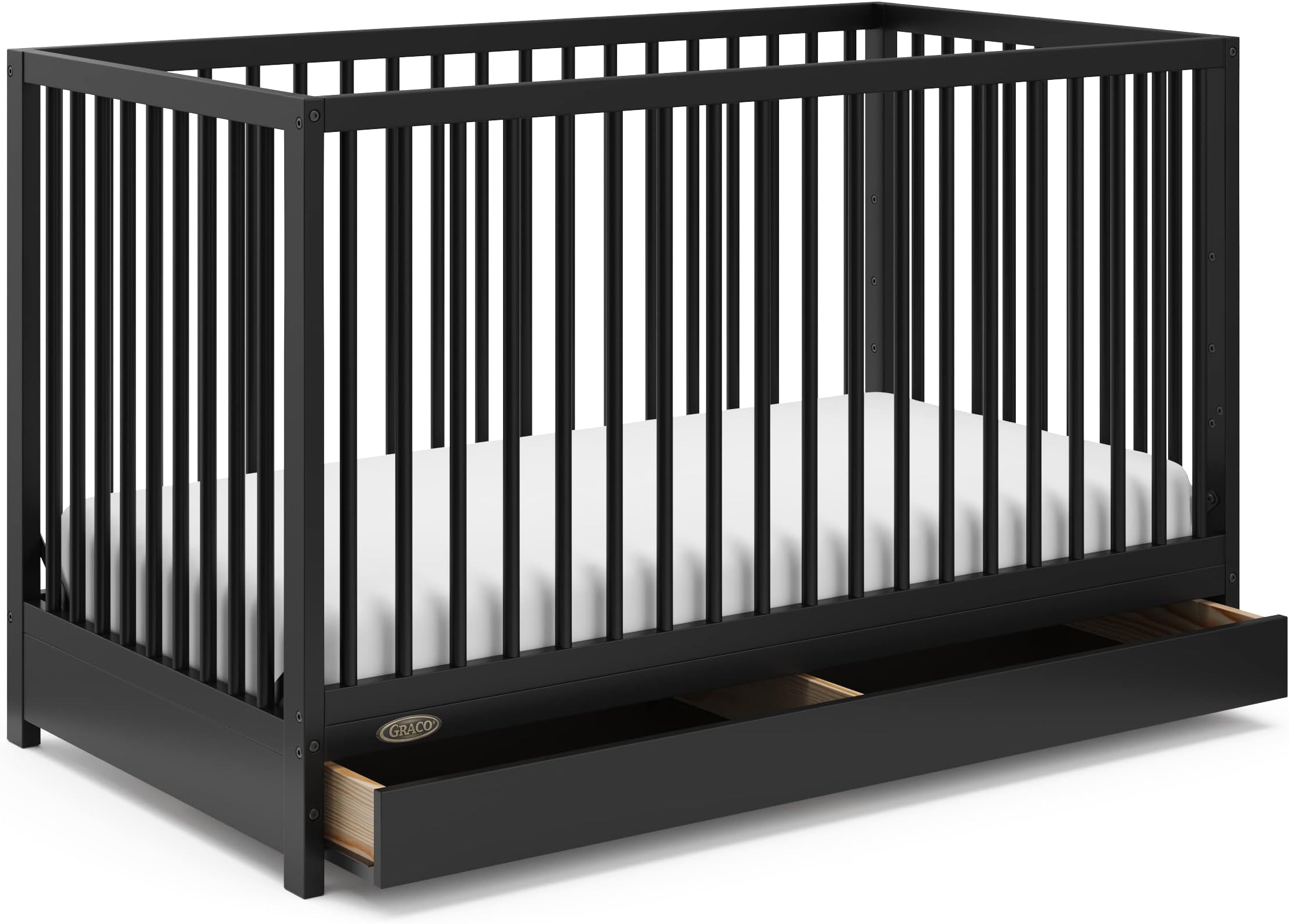 Graco Teddi 5-in-1 Convertible Crib with Drawer – GREENGUARD Gold Certified, Full-Size Nursery Storage Drawer, Baby Crib Converts to Toddler Bed, Daybed and Full-Size Bed (Black)