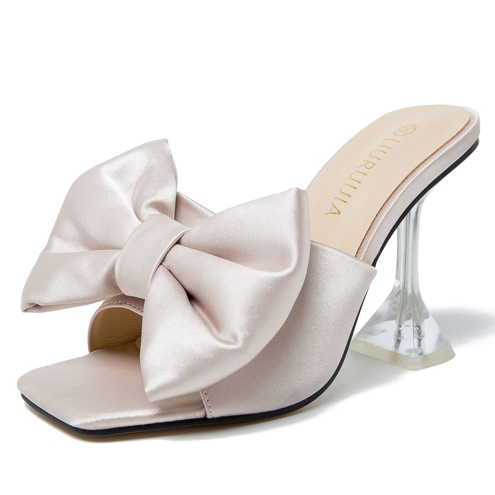 LIURUIJIA Women's Bow High Heels Mules Dress Sandals Slip On Party Prom Wedding Bridal Shoes