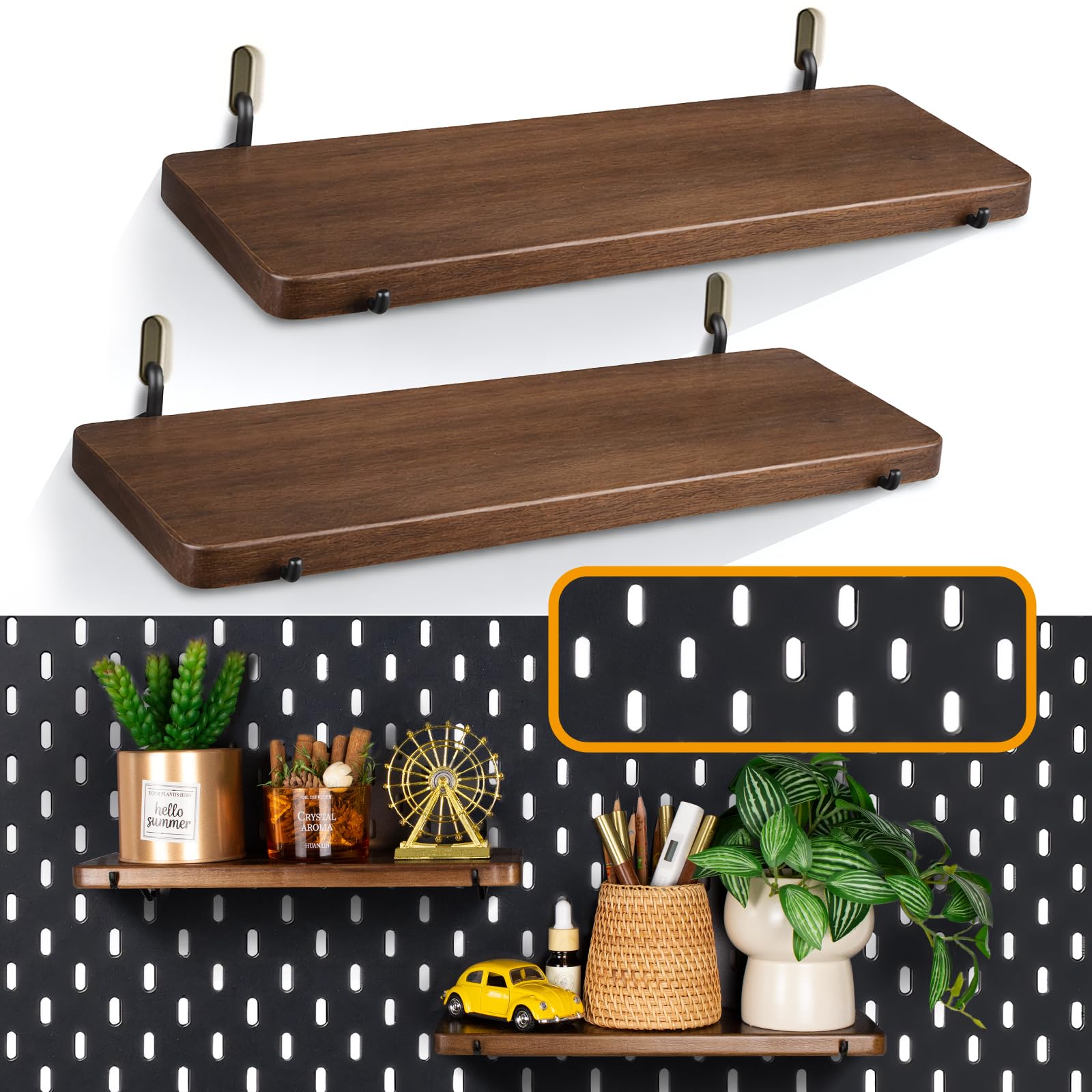 Lot de 2 étagères en bois perforé avec crochets pour panneau perforé, compatibles avec IKEA Skadis