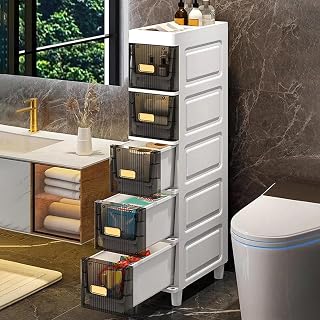 5 -Tier Slim Narrow Bathroom Cabinet - Waterproof Standing Storage Cabinet with Slide Out Transparent Drawer, Floor Organizer for Bathroom/Hallway/Living Room/Kitchen/Next to The Refrigerator
