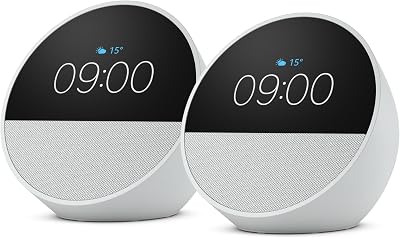 Amazon Echo Spot (modello 2024) | Sveglia intelligente con audio di qualità | Bianco, con Accesso Anticipato ad Alexa+ (Confezione da 2)