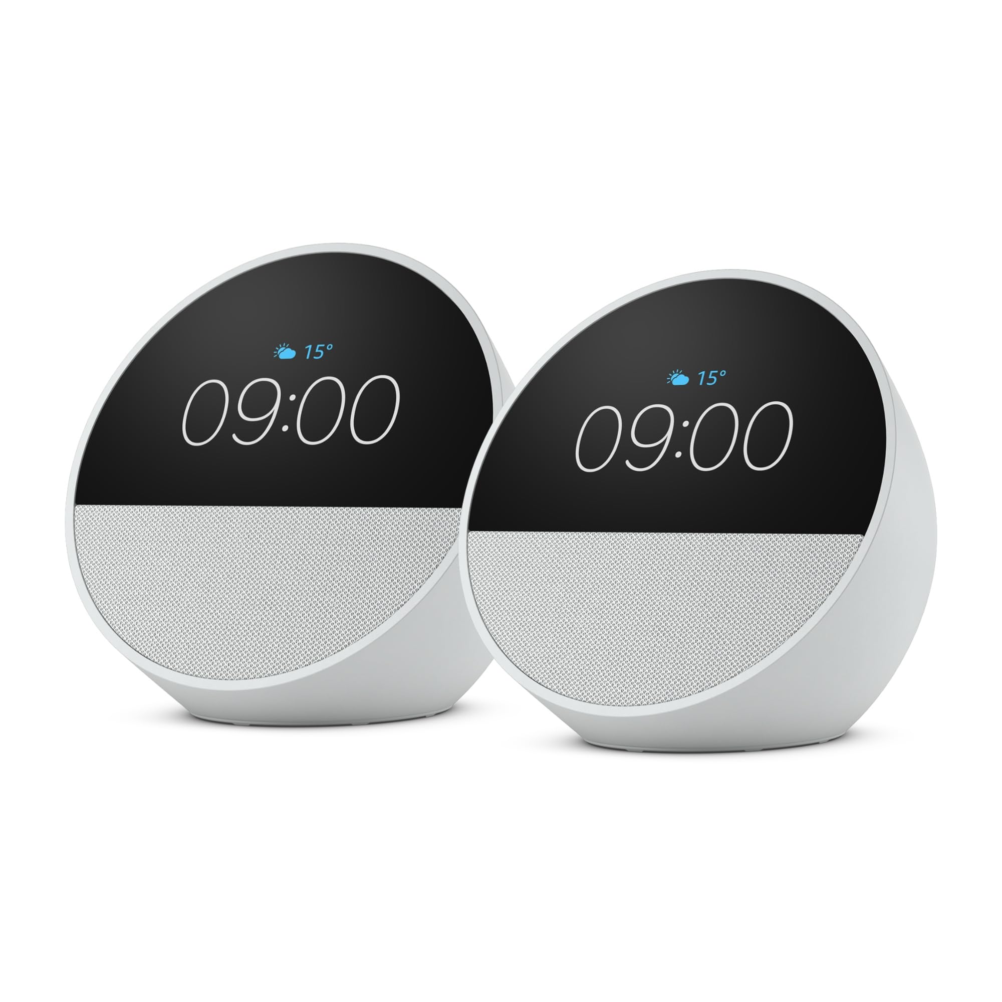 Amazon Echo Spot (modello 2024) | Sveglia intelligente con audio di qualità | Bianco, con Accesso Anticipato ad Alexa+ (Confezione da 2)