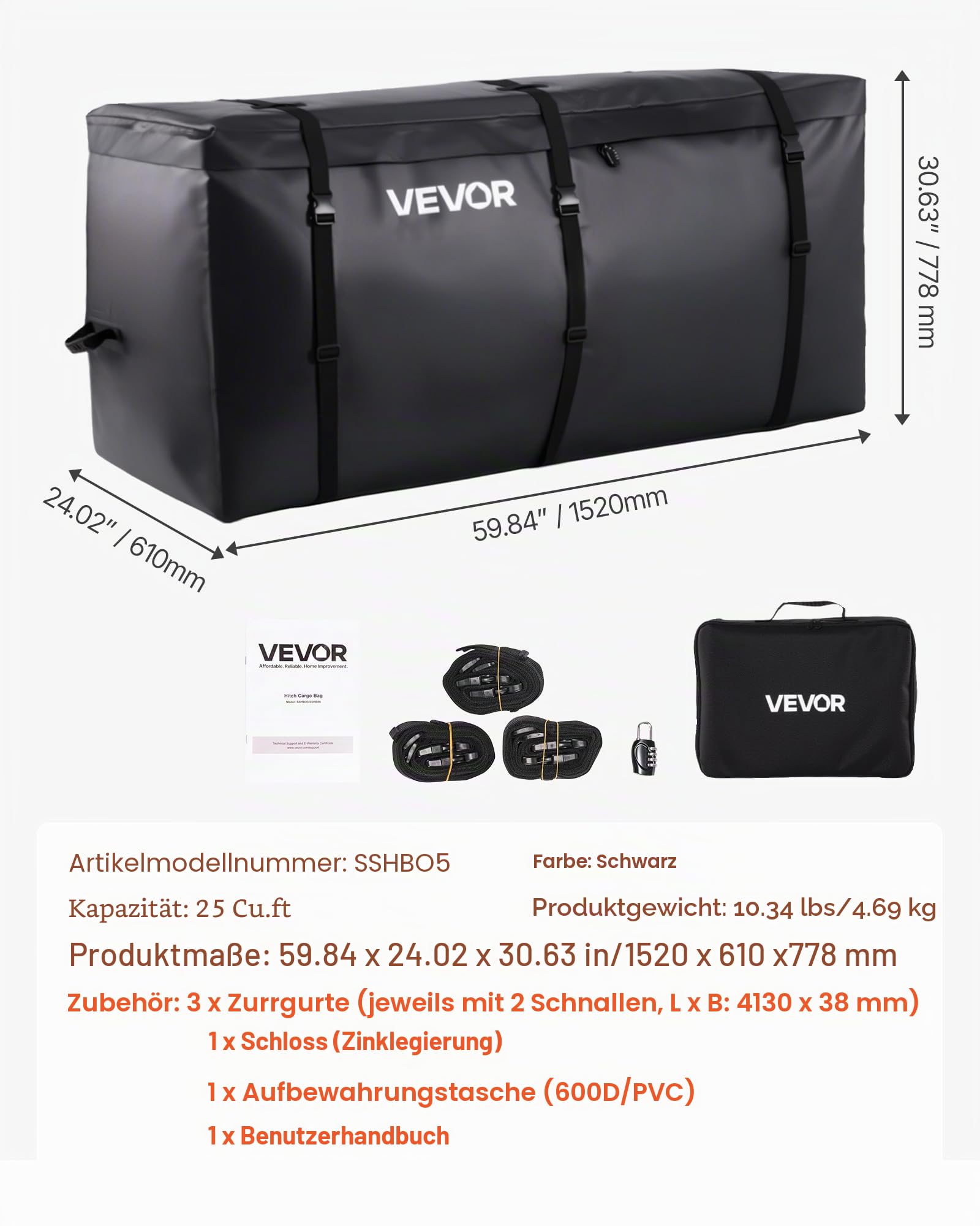 VEVOR Gepäckträgertasche für Anhängerkupplung aus wasserdichtes 840D-PVC (0,71 m³), Gepäcktasche zur Aufbewahrung auf der Ladefläche von Lkws mit verstärkten Gurten für PKW SUVs Vans Schwarz