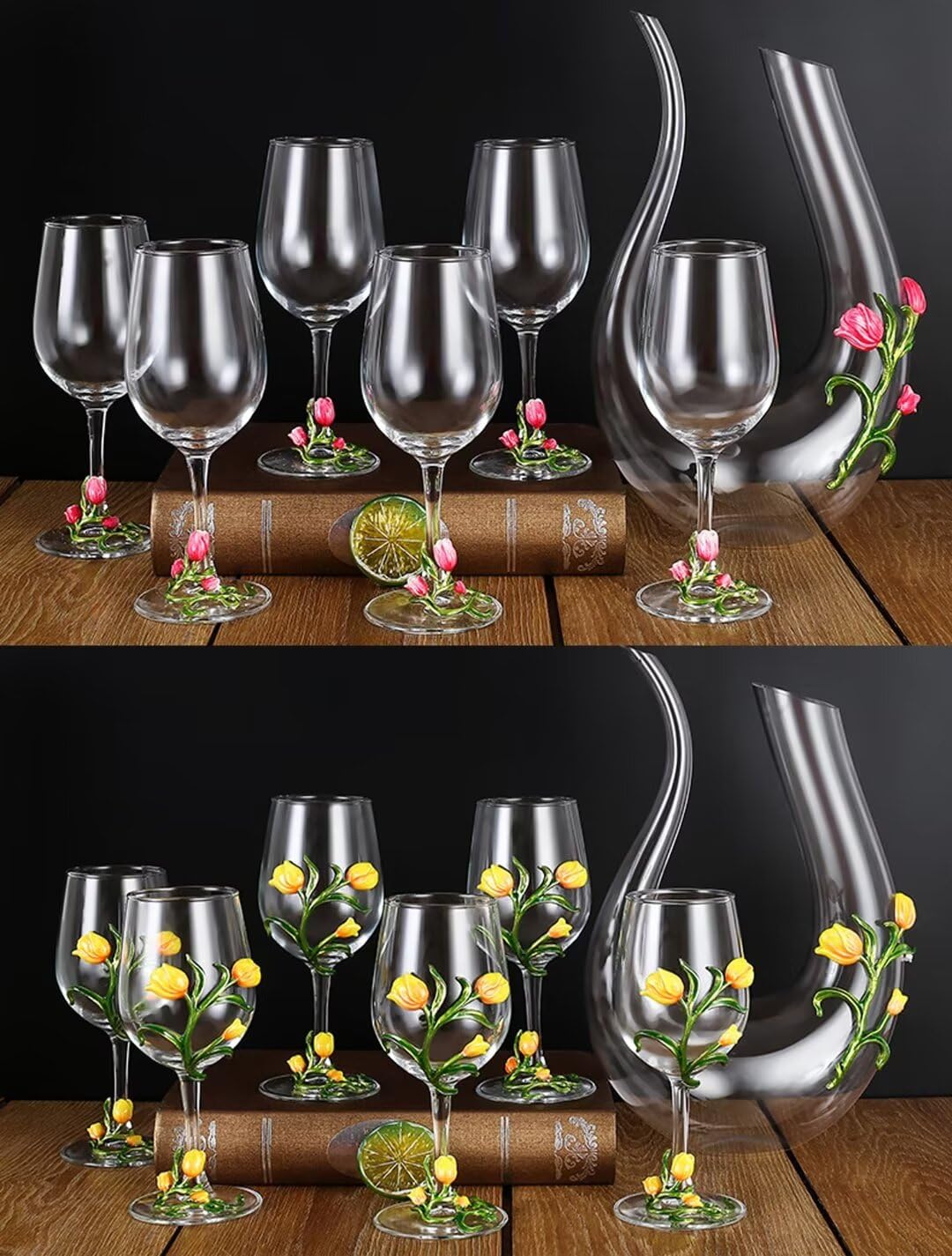 Karafka do wina, 350 ml emaliowany kryształowy kieliszek bezołowiowy, dekoracyjny zestaw upominkowy z długim uchwytem, elegancki kieliszek ślubny (1 szt.)