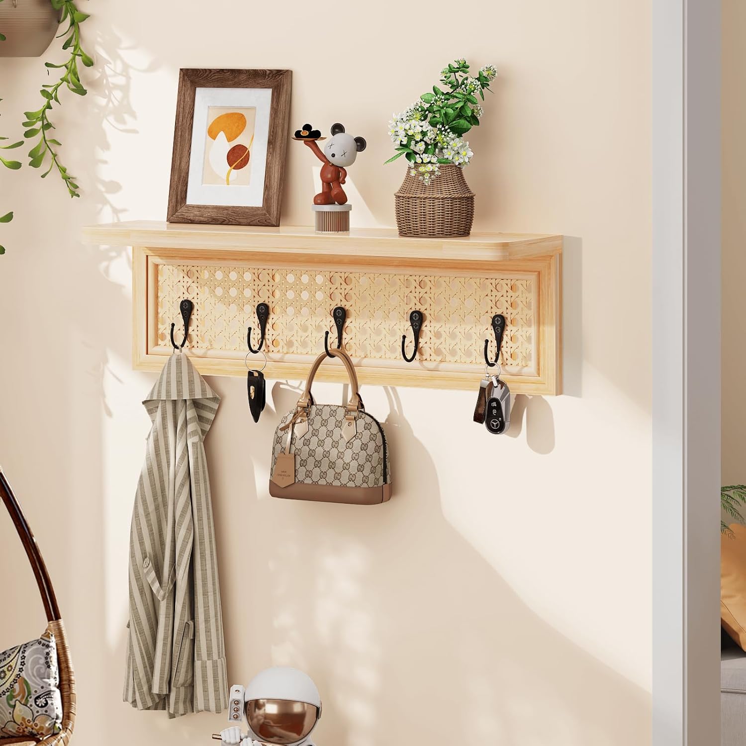Homode Coat Rack Wall Mount with Shelf, Boho Rattan Entryway Wall Shelf with Hooks, Natural Wood Floating Shelves with 5 Pegs, Hanging Coat Hooks Hat Hanger for Nursery Bedroom Living Room Kitchen