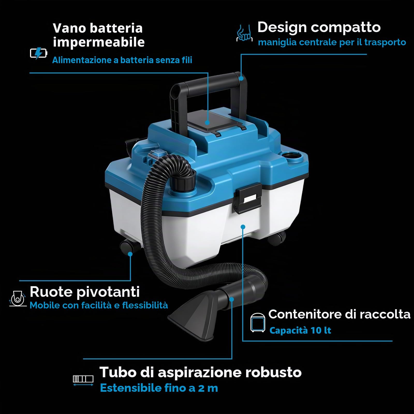ONEVAN Aspirapolvere Industriale a Batteria 2-in-1 10L Bidone con 2x3,0Ah | 300W Brushless, 22KPa Aspirazione, 3 tubi prolunga & ugelli, 2m tubo, Carica rapida, Per trucioli legno, officina, auto