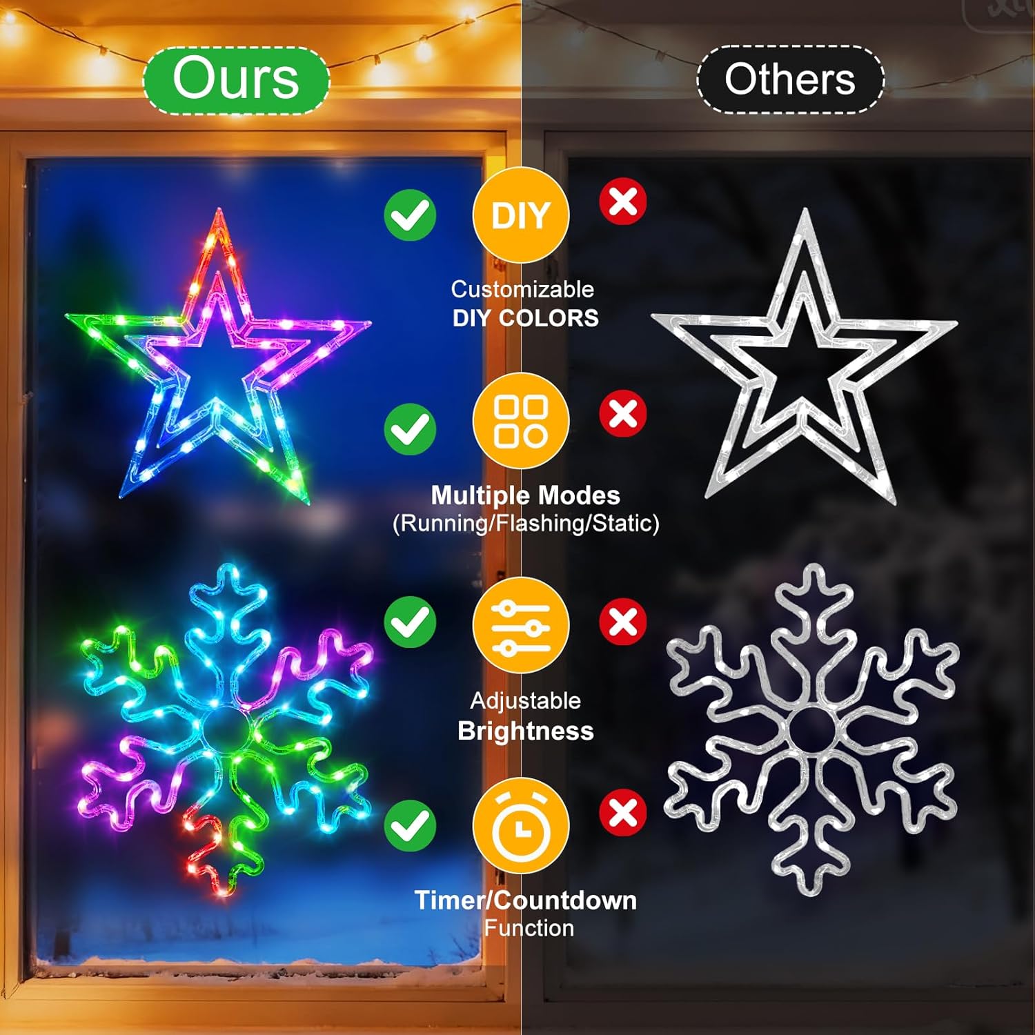 4 Pack Christmas Window Silhouette Lights, Smart Christmas Decorations Colour Light Gift, APP Control Snowman, Snowflake, Bell, Five Pointed Star for Holiday Indoor and Outdoor Wall Window Decorate