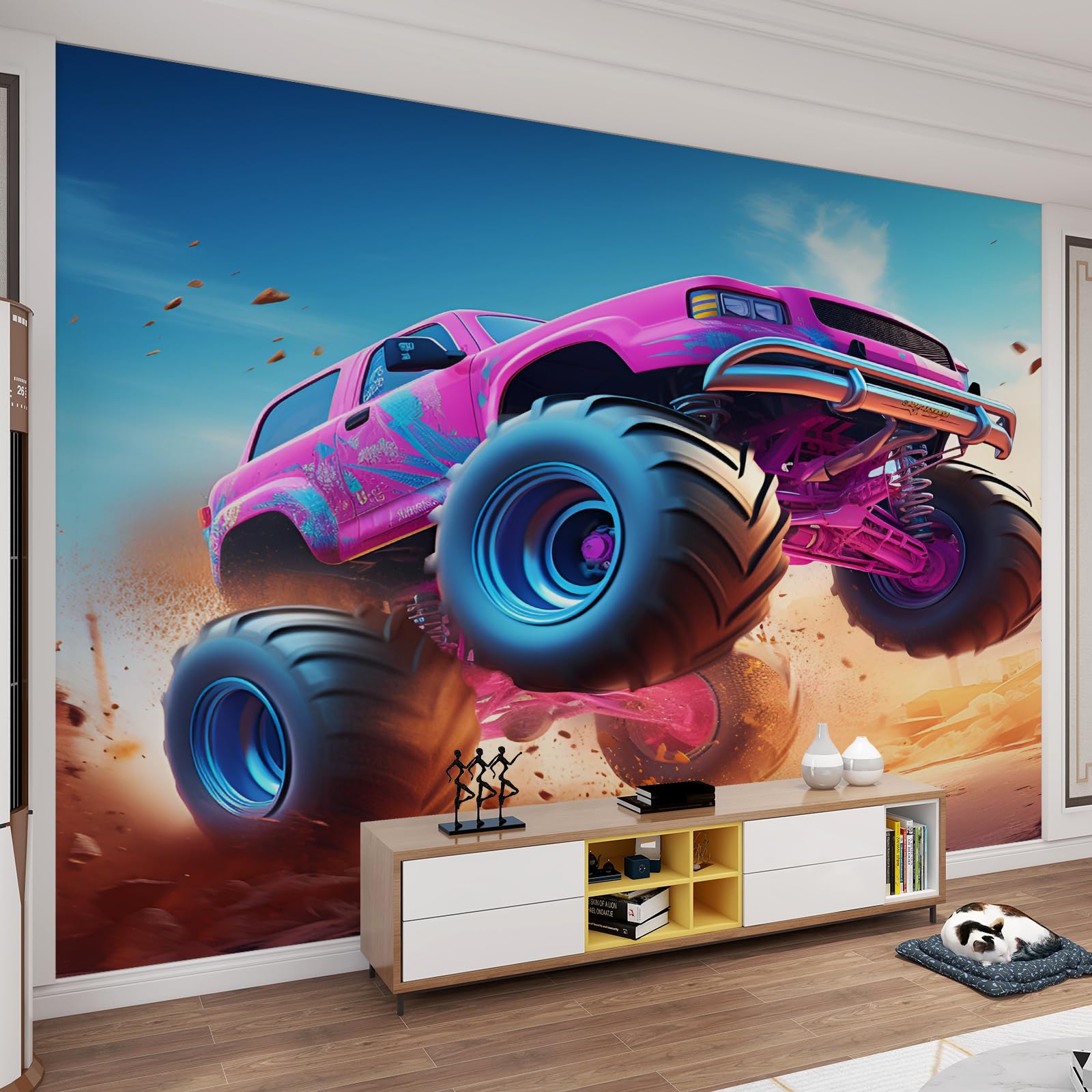 Papier peint salle d'étude véhicule tout-terrain de dessin animé rose 200 x 140 cm