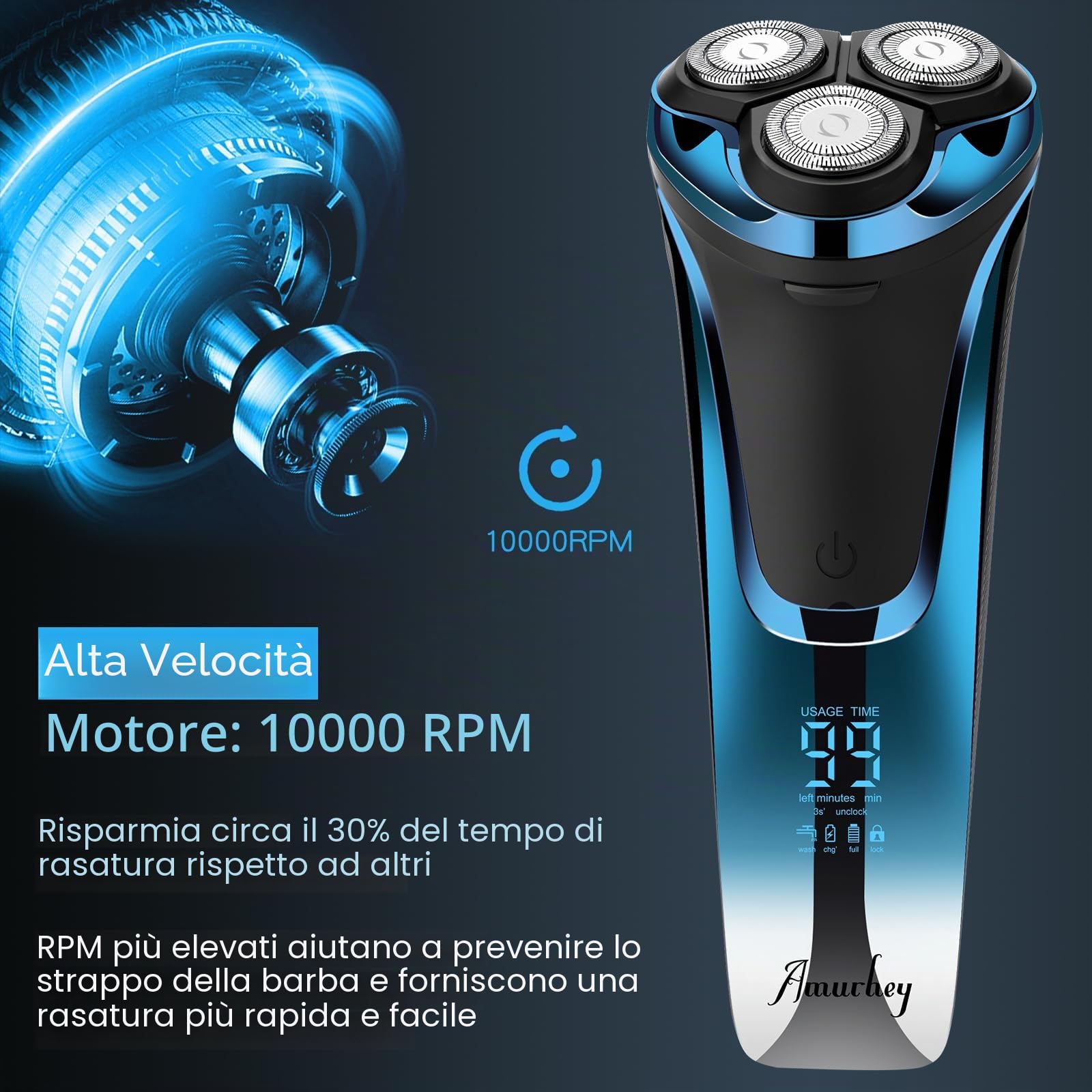 Rasoio Elettrico Wet & Dry a 3 Lame di Ricambio, Rasoio Elettrico Barba Uomo Ricaricabile Rasoio Barba Impermeabile Display LED, Lame Flessibili, Custodia da Viaggio