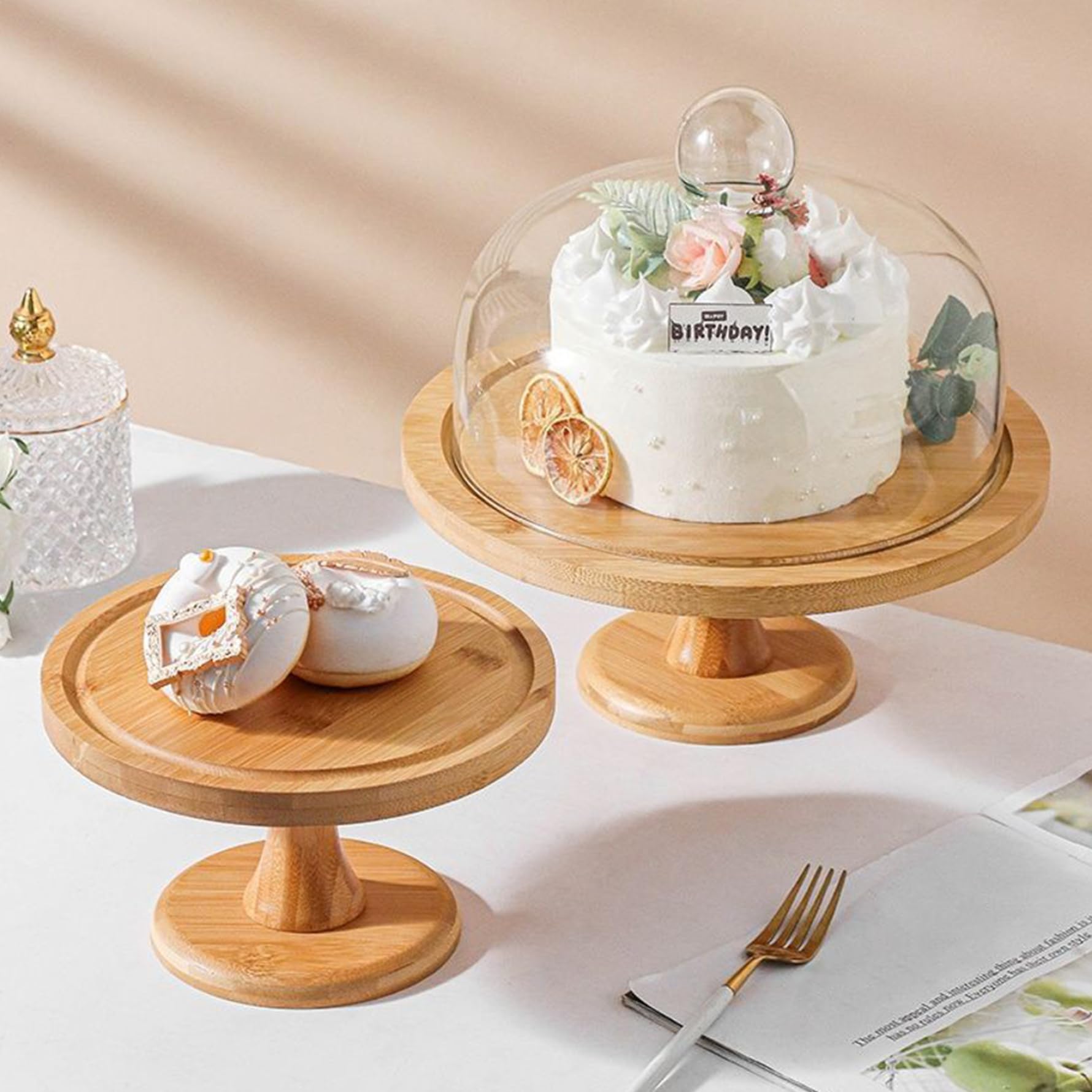 Soporte para Tartas Soporte para Tartas de Madera de 9 Pulgadas con Tapa de Vidrio Transparente Cúpula Desmontable Multifuncional para Fiestas Postres Queso Exhibición y Almacenamiento de F