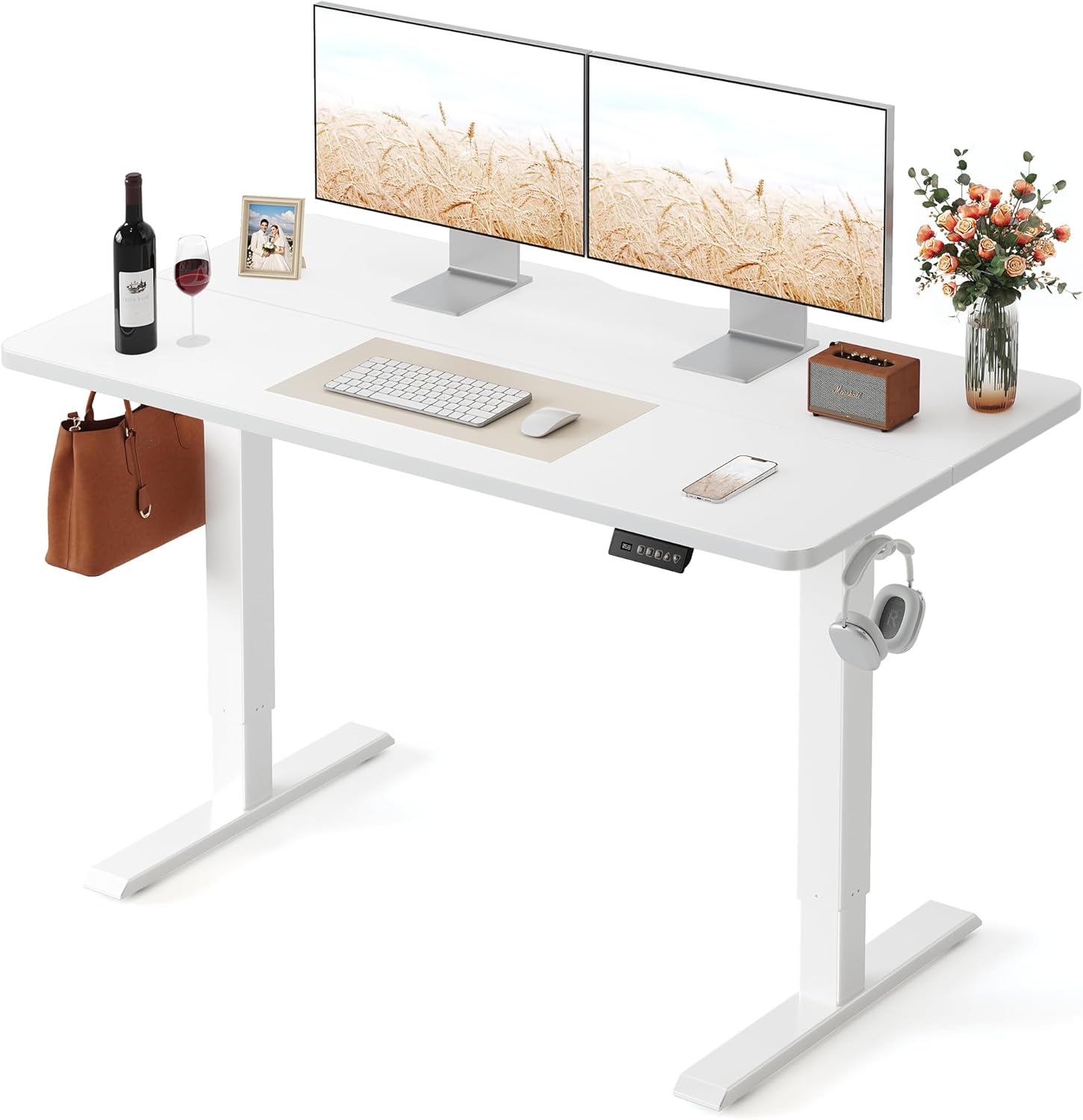 FEZIBO 48 x 24 Inchs Electric Standing Desk, Height Adjustable, Sit Stand Up, Computer Office Desk with Splice Board, White Frame/White Top