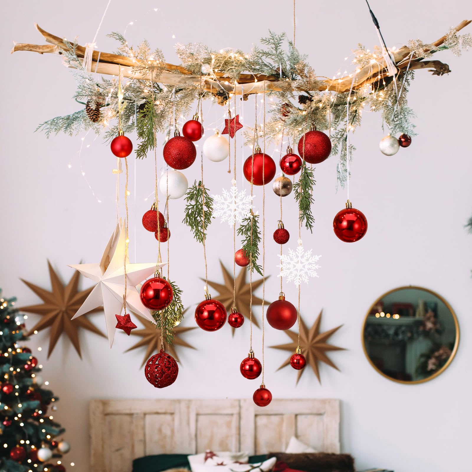 Halloscume Décoration murale de Noël à suspendre avec branche en bois clair - Décoration murale de Noël avec plantes artificielles - Décoration de cuisine et de salle à manger - Rouge