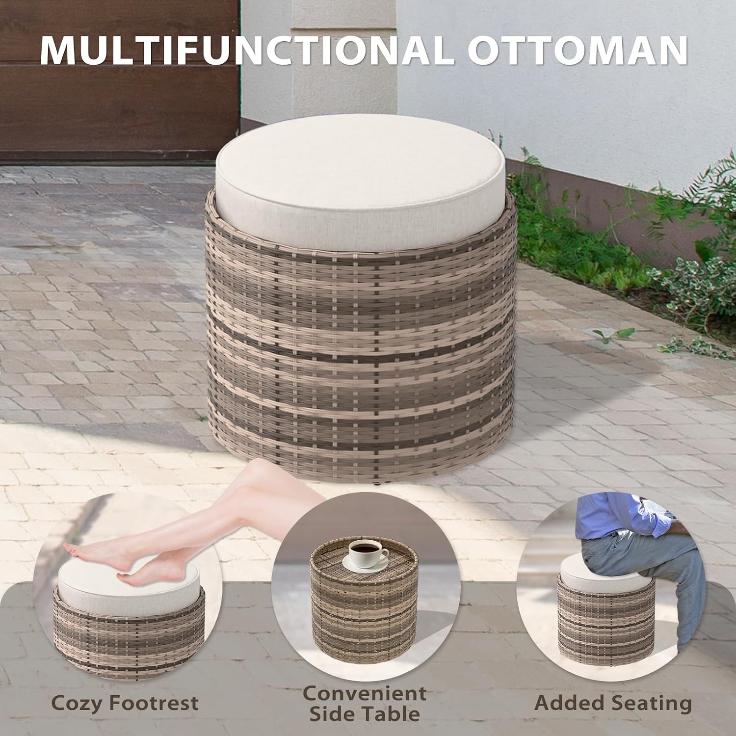 EAGLE PEAK Sunset Dune Collection Round Modern Nesting Coffee Tables, Wood Grain Top Stacking Accent Tables, Matching Ottoman, Indoor Outdoor, Set of 3, Brown