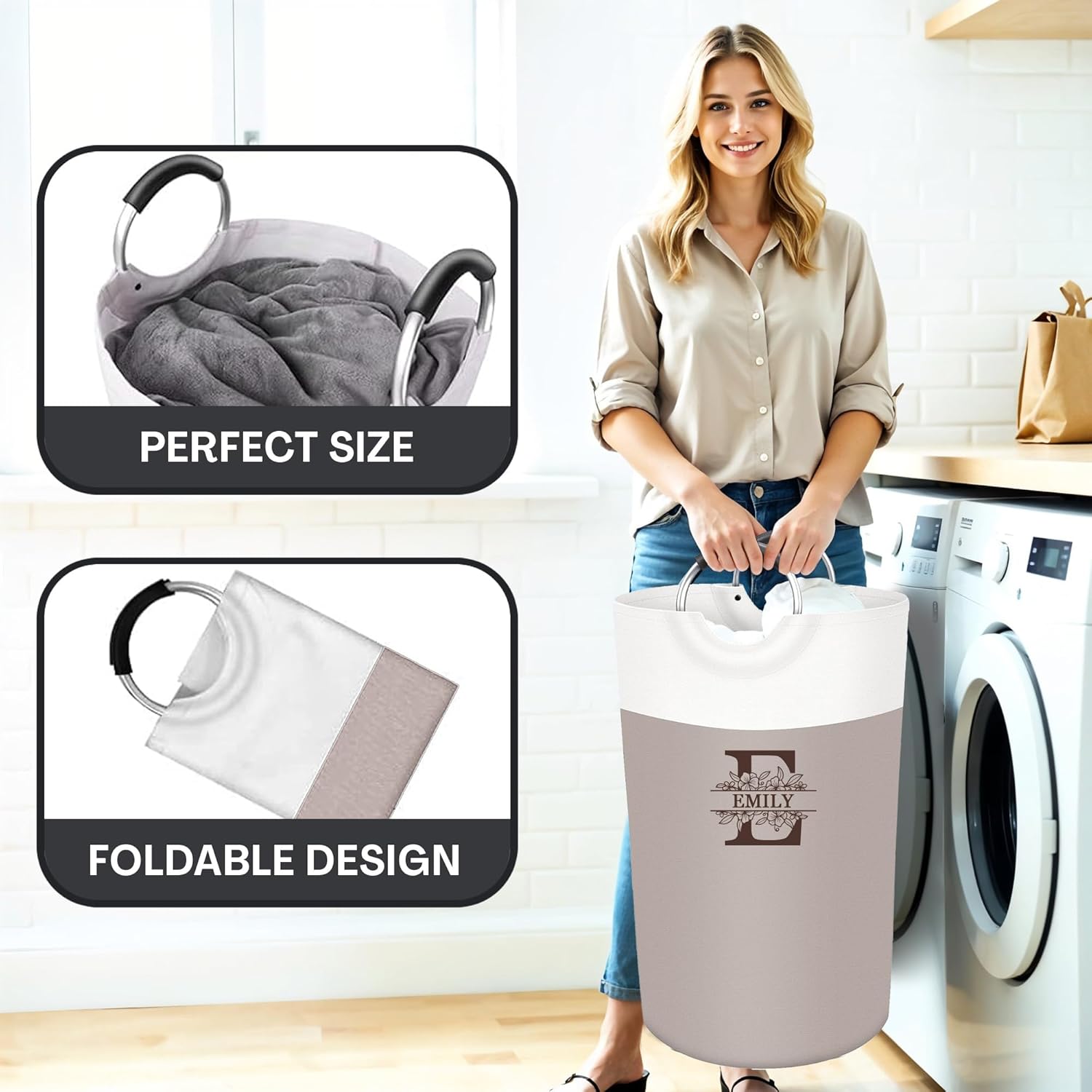 Personalized Laundry Basket, Custom Travel Laundry Hamper, Collapsible Baskets for College Dorm, Dirty Clothes Hamper, Waterproof Extra Large Storage Bag with Handles with Name 90L- Beige