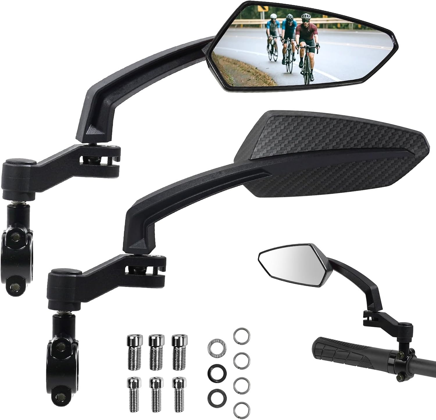Handlebar Bike Mirror, HD Convex Glass Rear View Mirror with Shatterproof Film, 360° Adjustable Bicycle Mirror for MTB & E-Bike, Fits 21-26mm Handlebars, Left Side Only(Chequer)