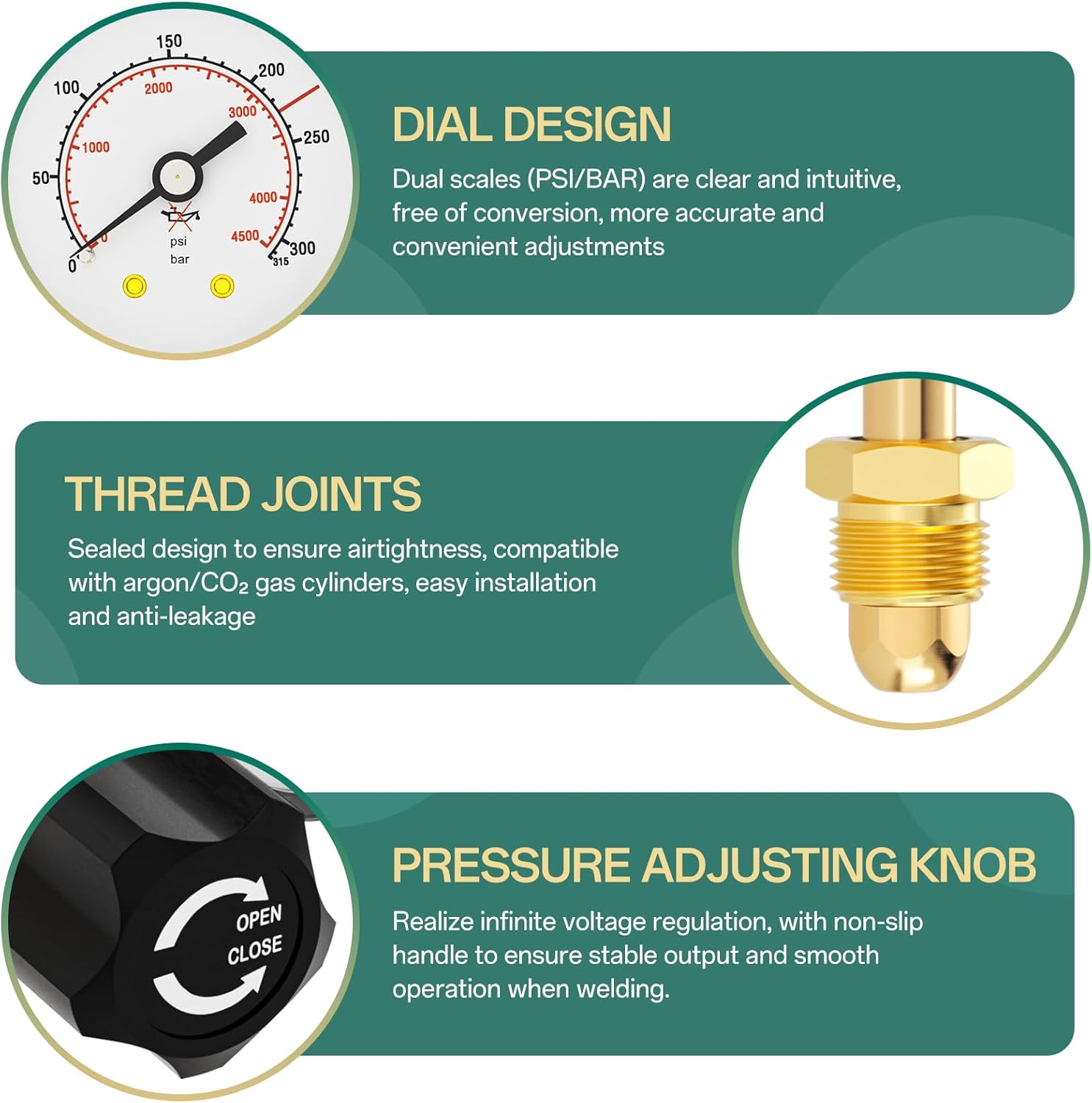 Argon CO2 Regulators Gauges Gas Welding Regulator 0-4500PSI/0-10BAR, CGA580 Inlet Connection, With 10 Feet Hose, for MIG and TIG Welding