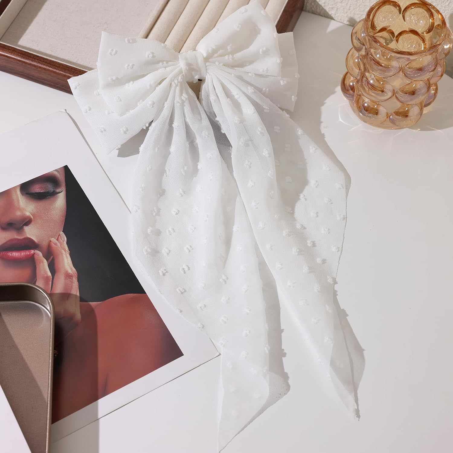 LFOUVRE Hair Accessories: Floral White Bowknot Barrettes, Dots Bow Clips with Tail, Solid Bow Hair Clips for Women and Girls, 3pcs Set - Image 8