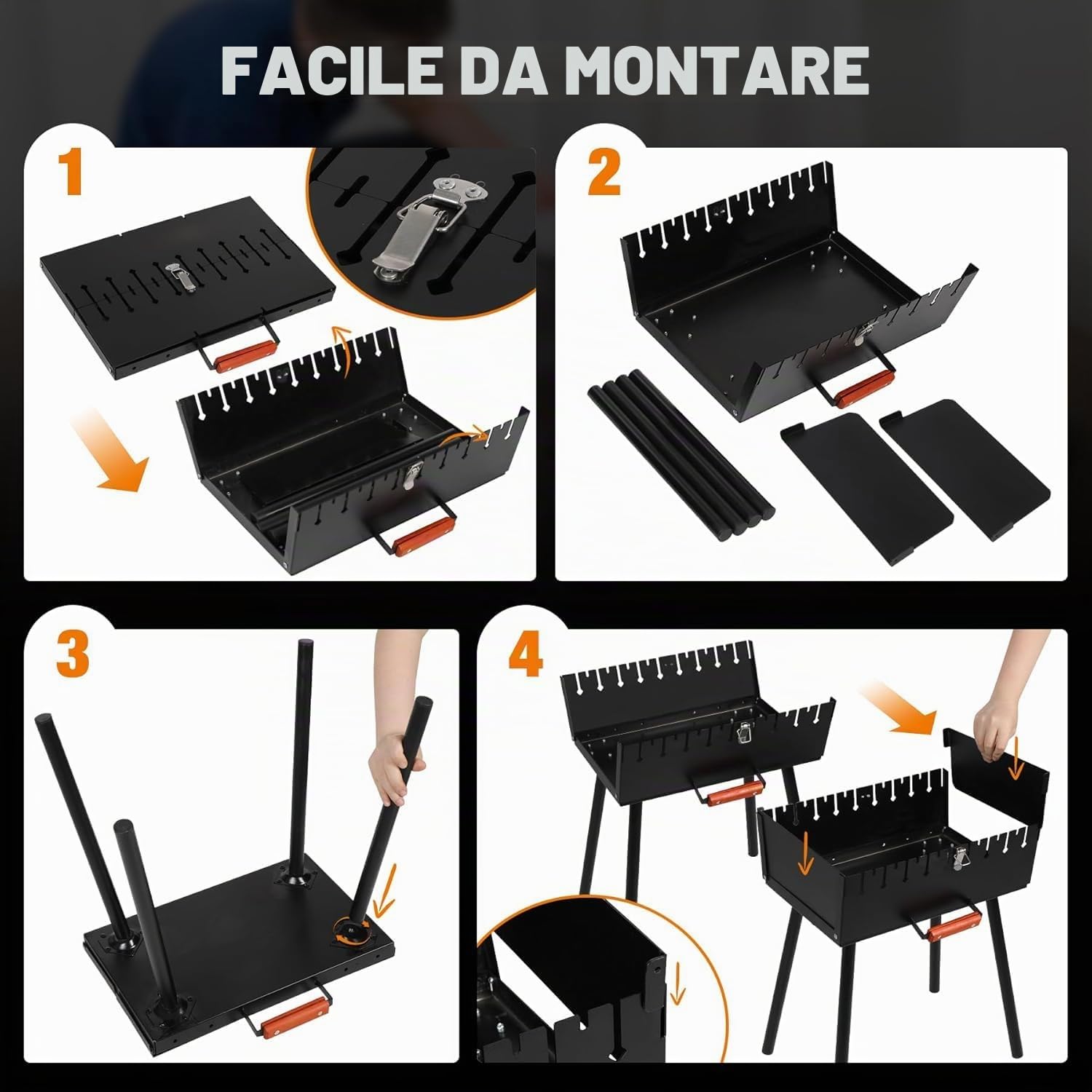 REDCAMP Mangal Grill shish kebab portatile a carbonella con 2 livelli di altezza per 16 spiedini (lento/affilati), pieghevole per esterni, per campeggio, giardino, picnic, viaggi