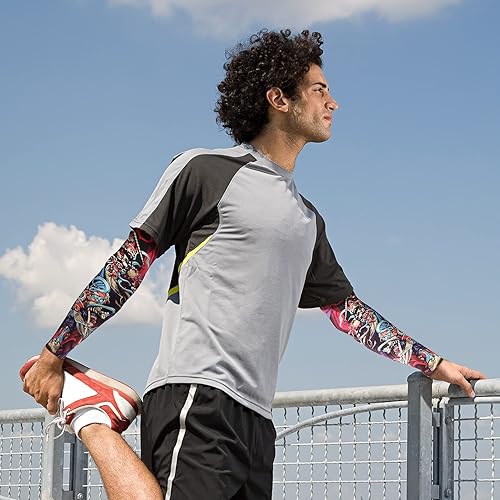 Vista 9 de Aresvns Halloween Makeup Tattoo sleeves, Premium Cooling Arm Sleeves for Men and Women UV Sun Protection Arm Sleeves Guardián