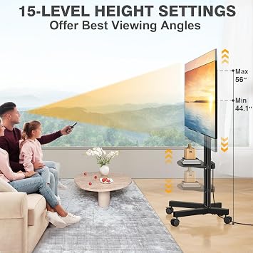 TVON Rolling TV Stand with Power Outlet for 32-70 LCD LED OLED Flat Curved Screen TVs up to 88lbs Rolling Portable TV Stand with Wheels Height Adjustable VESA 400x400mm