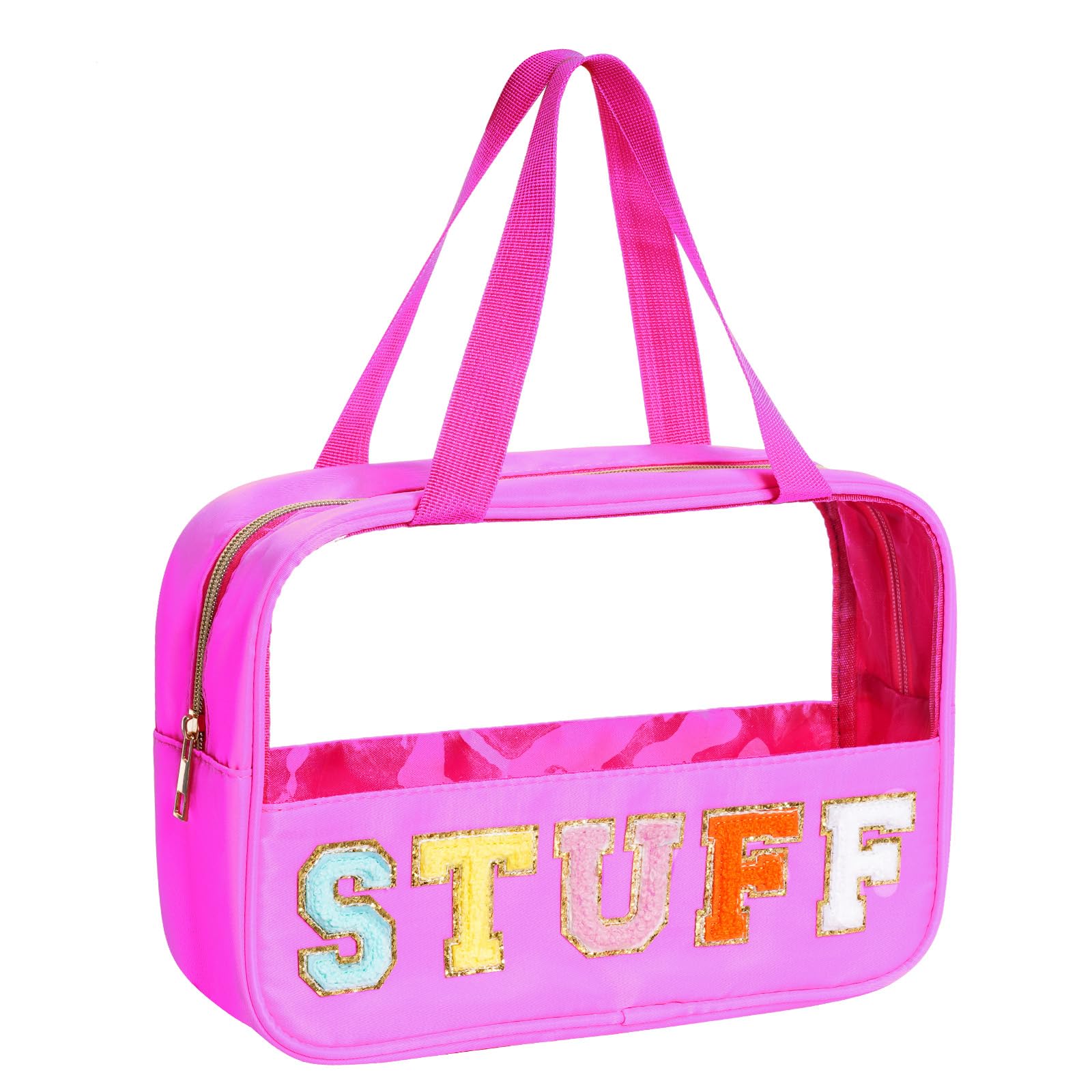 cnomgLarge Clear Chenille Letter Bag Clear Chenille Letter Makeup Bag Clear Makeup Bag with Chenille Letter Patches Clear Chenille Letters Makeup Bag for Travel Chenille Letter Bag for Women Girl