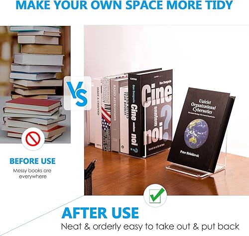 Miniatura 7 de MaxGear Sujetalibros de acrílico para libros, extremos transparentes para estantes, sujetalibros decorativos para estantes, antideslizantes,