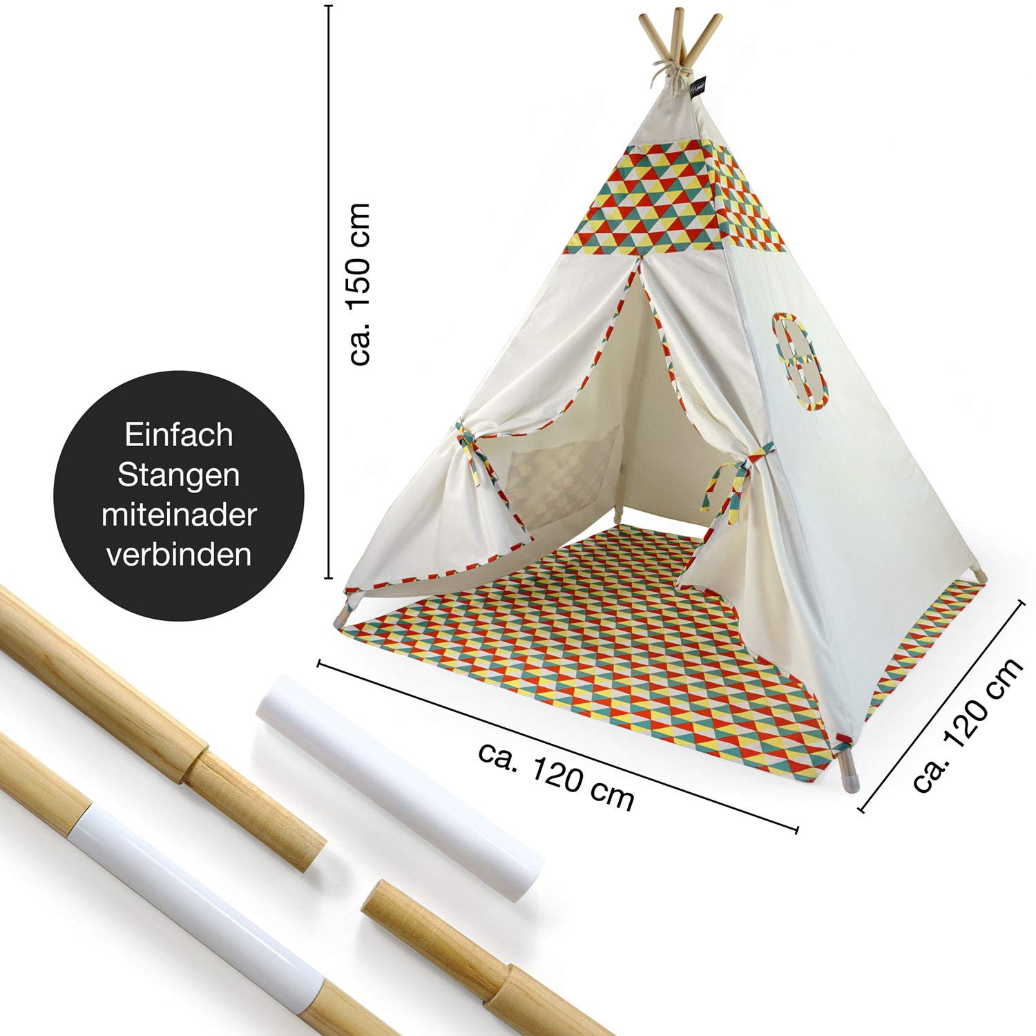 Hej Lønne Tipi dziecięcy biały namiot z kolorowym wzorem, wymiary ok. 120 x 120 x 150 cm, namiot do zabawy z podłogą i oknem, w zestawie worek i instrukcja, do użytku wewnątrz i na zewnątrz, bez