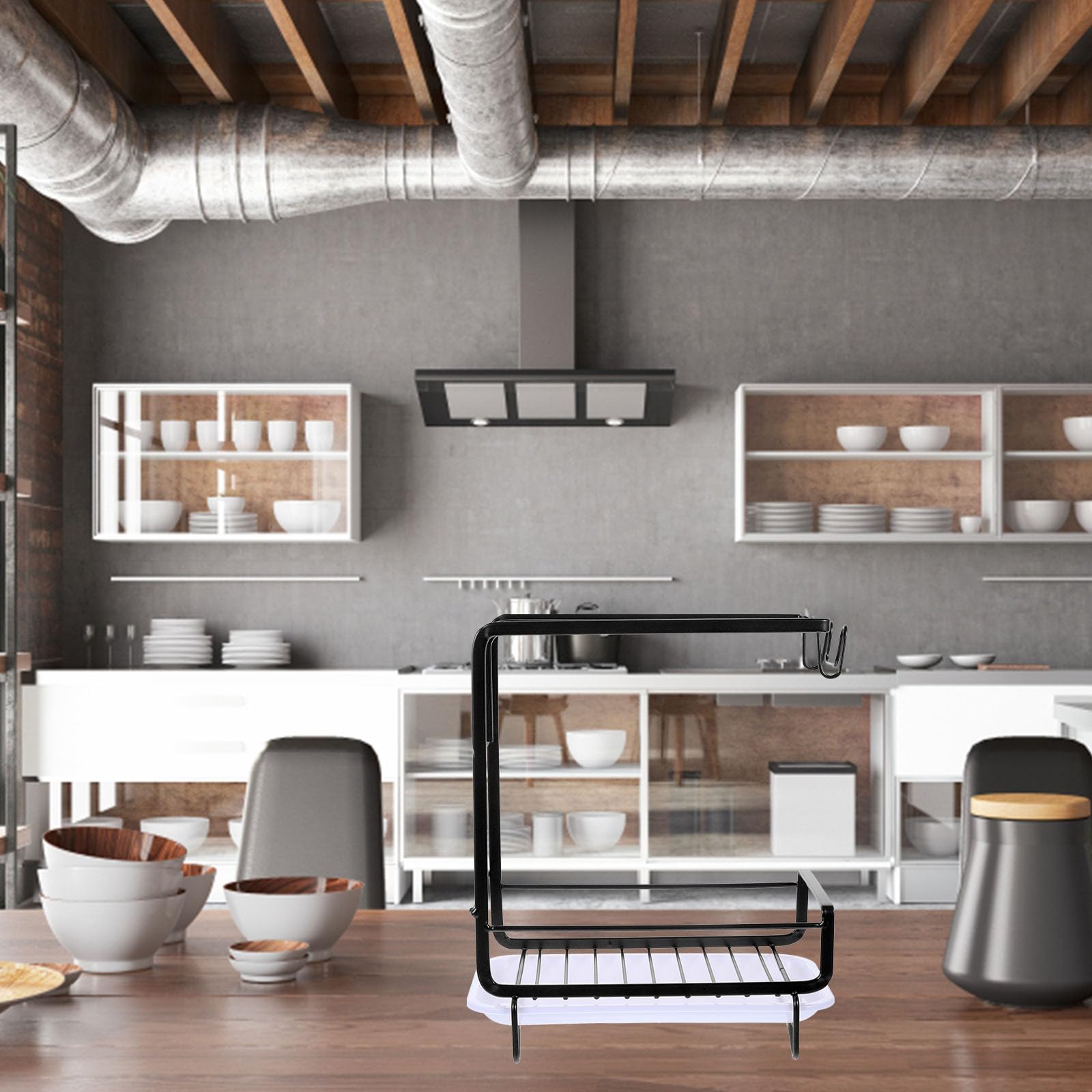 Organisateur et Fond Ouvert Noir Cuisine en Acier Carbone et PP avec Porte-éponge à Drainage Rapide Accessoire Pratique pour Évier pour Maison et Salle de Bain