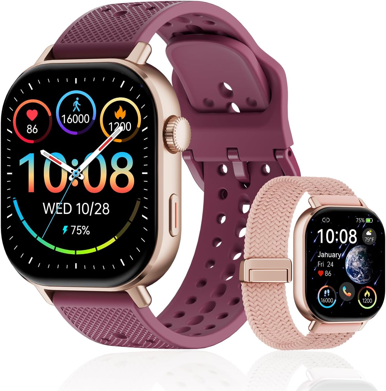Reloj inteligente de fitness para mujeres y hombres con 2 bandas, GPS integrado, AMOLED de 2.06 pulgadas para llamadas y mensajes, monitor de sueño
