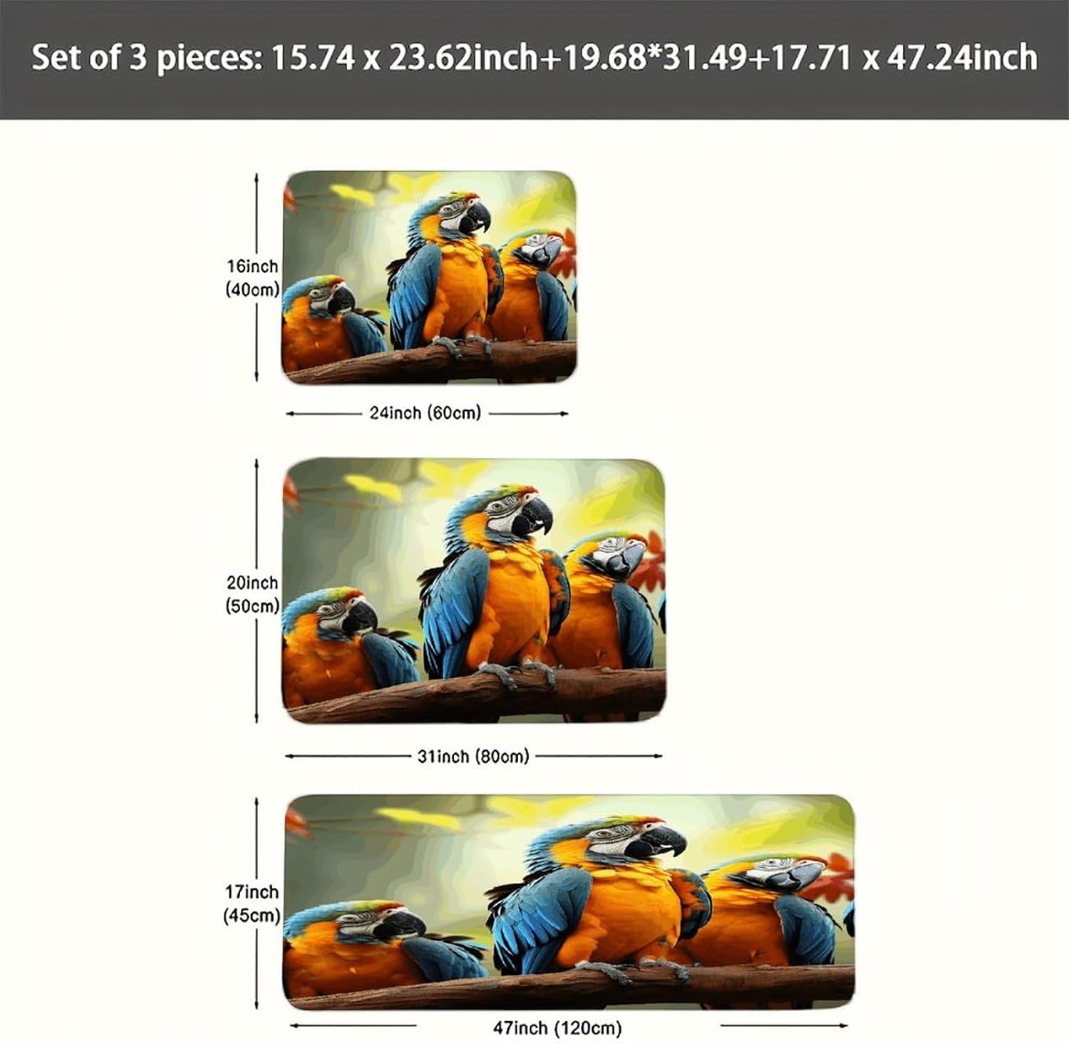 Cute Parrots Kitchen Rugs Sets of 3 Washable Non Slip Kitchen Rug Water Resistant Carpet Piece Anti Fatigue Kitchen Mats Soft Comfort Standing Mat Modern Area Rug