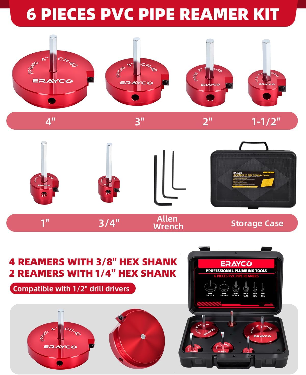 ERAYCO 6-Piece PVC Pipe Reamer Kit-Professional Aluminum Socket Saver Kit (3/4", 1", 1-1/2", 2", 3"4”) with Rotatable Carbide Inserts-Hex Shaft Fitting Saver for Schedule 40, CPVC & ABS Plumbing