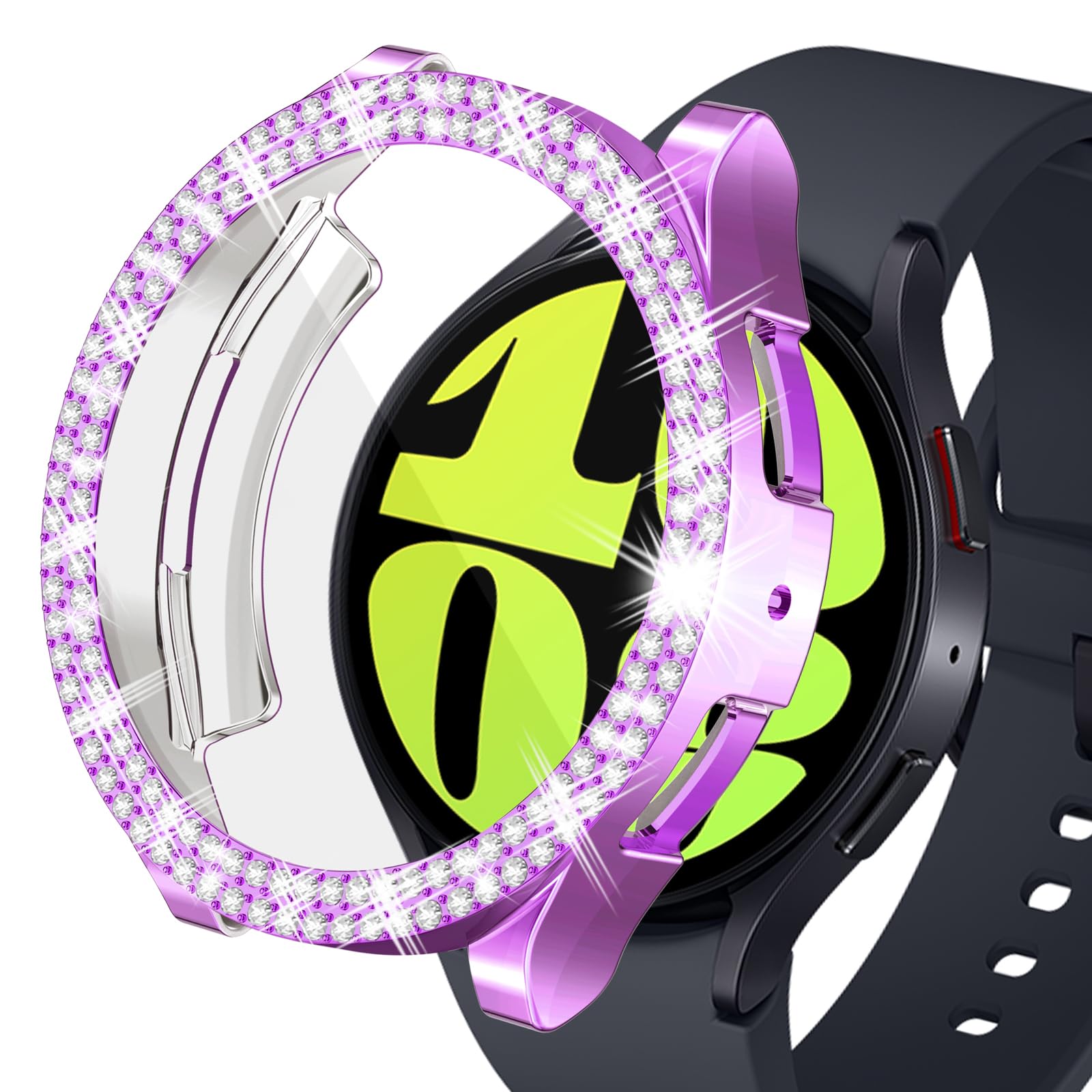 HAJSLU Bling Case Compatible with Samsung Galaxy Watch 6 40mm 44mm Sparkling Double Row Diamonds Flexible TPU Built-in HD Screen Protector Anti Scratch Bumper Cover for Women Girls（Purple，44mm