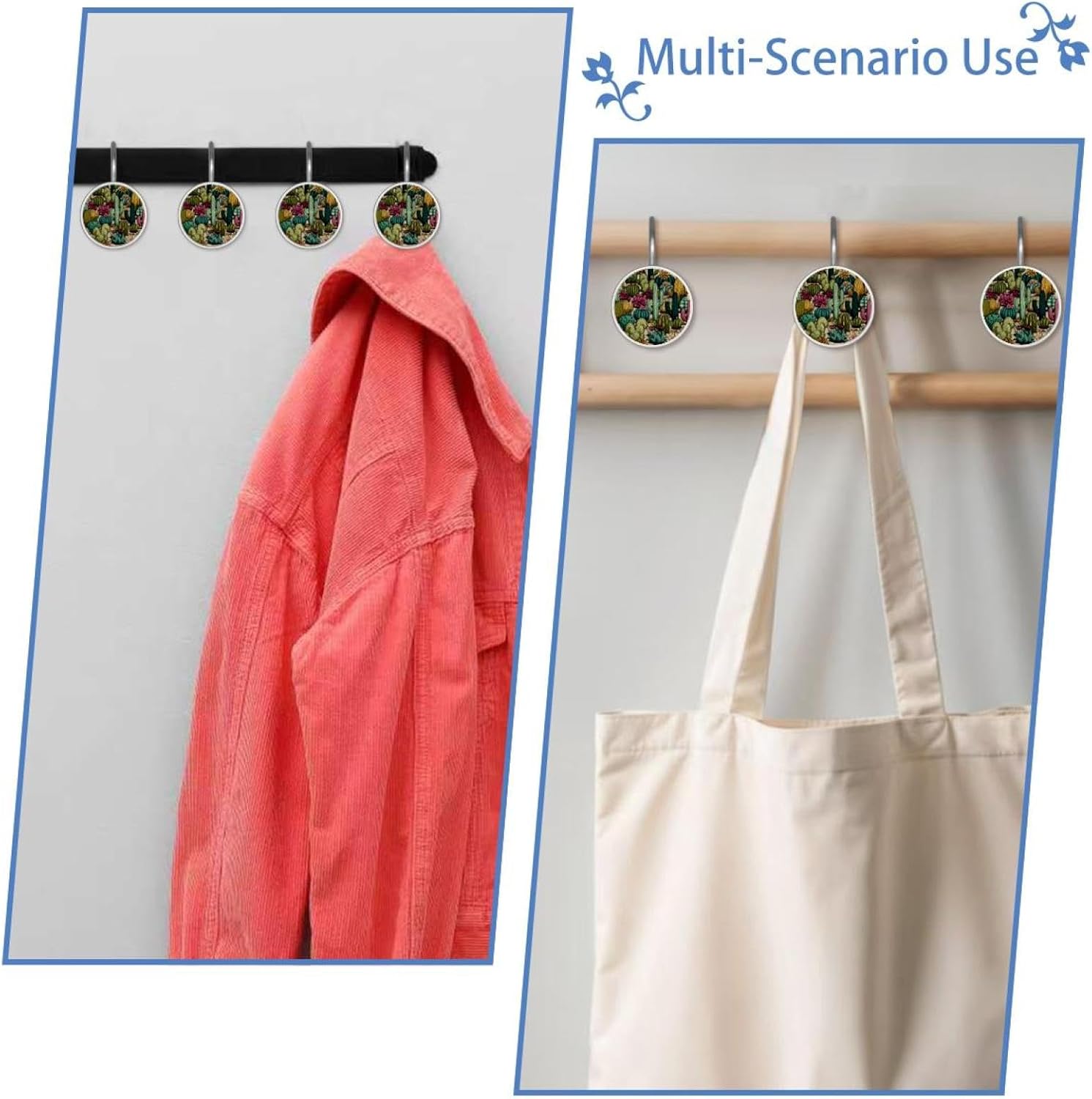 12PCS Fun Western Cactus Seamless (3) Shower Curtain Hooks Rings for Bathroom, Decorative Shower Curtain Hooks Rods Curtains and Liner