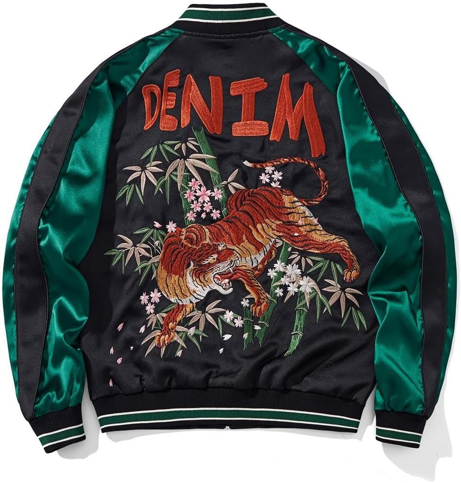 Tiger Embroidery Men's Bomber Jacket Japanese Style Hip Hop Streetwear Oversized Full-Zip Stand Collar Windbreaker