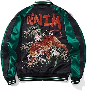Tiger Embroidery Mens Bomber Jacket Japanese Style Hip Hop Streetwear Oversized Full-Zip Stand Collar Windbreaker
