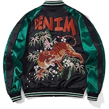 Tiger Embroidery Mens Bomber Jacket Japanese Style Hip Hop Streetwear Oversized Full-Zip Stand Collar Windbreaker