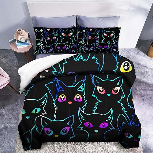 Miniatura 3 de Juego de ropa de cama para niños, juego de edredón de gato, tamaño individual, 2 piezas, línea degradada, juego de ropa de cama de gato negro para