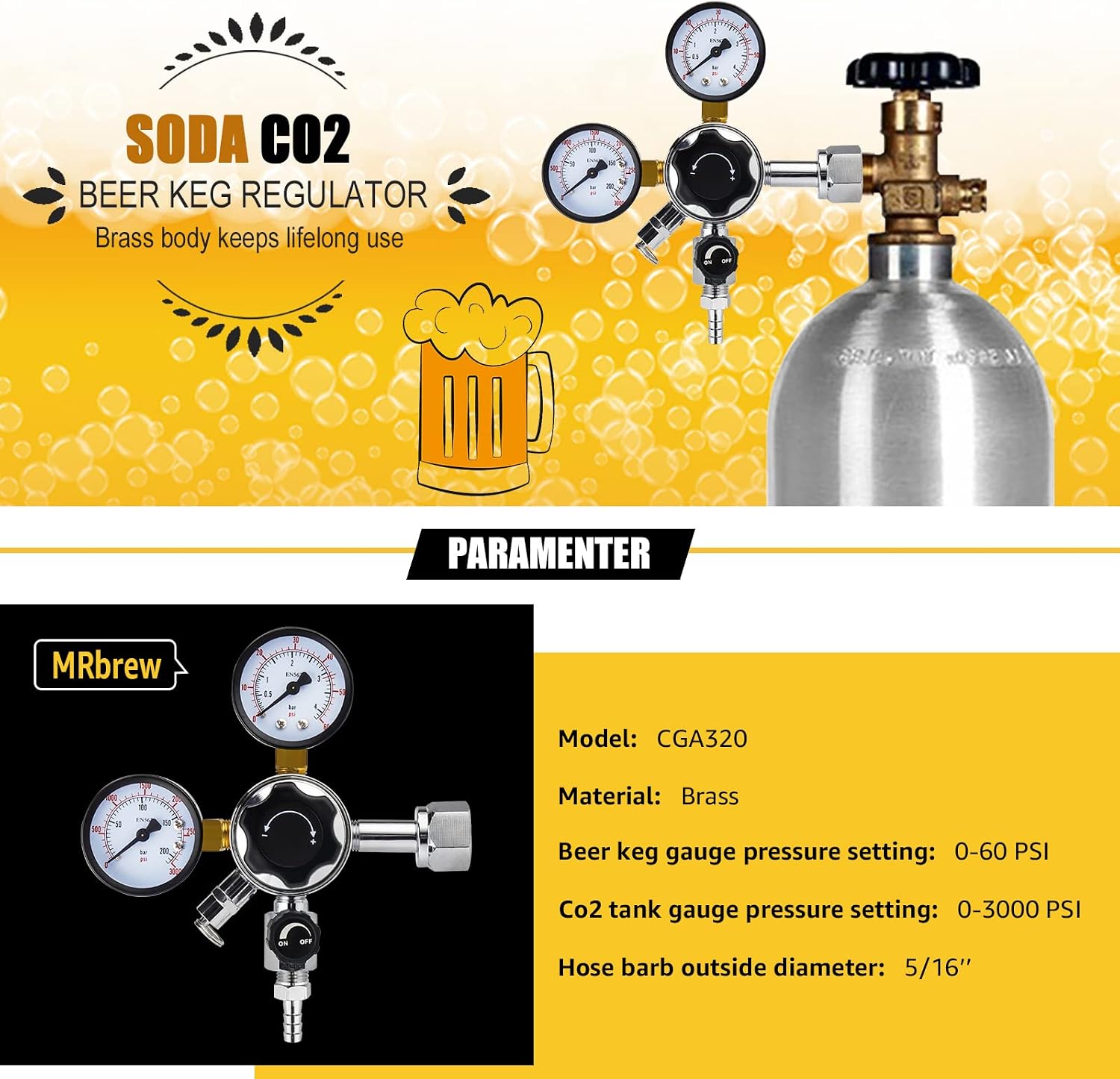 MRbrew Keg CO2 Regulator, Kegerator Regulator CGA-320, 0-60 PSI Working Pressure, 0-3000 PSI Tank Pressure, Beer Regulator, Co2 Tank Pressure Regulator with Safety Pressure Relief Valve