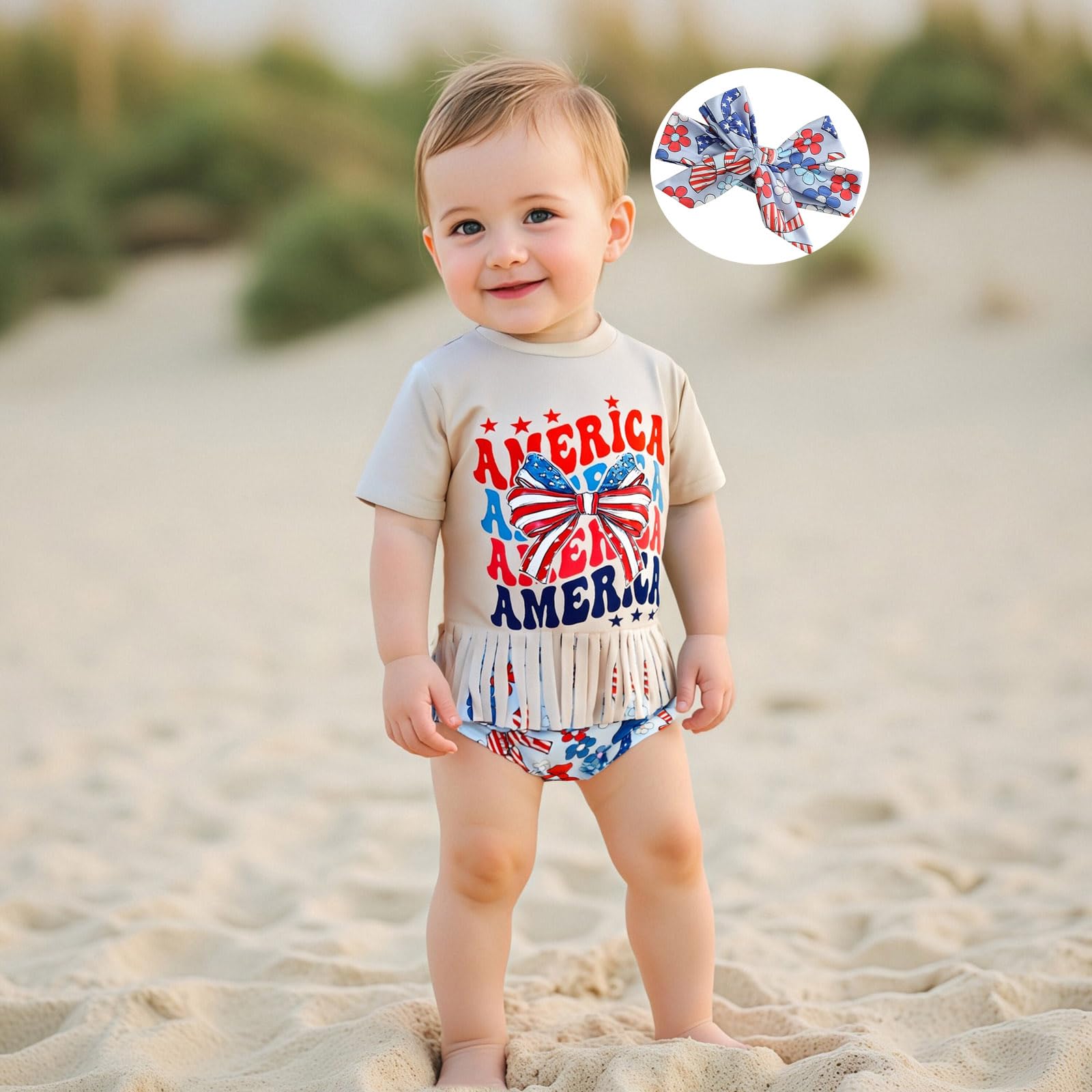 Youweixiong Infant Baby Girl 4th Of July Outfit Short Sleeve America Tassels Tshirt Tops Bow&Floral Print Shorts Headband Summer Clothes (Khaki, 18-24 Months)