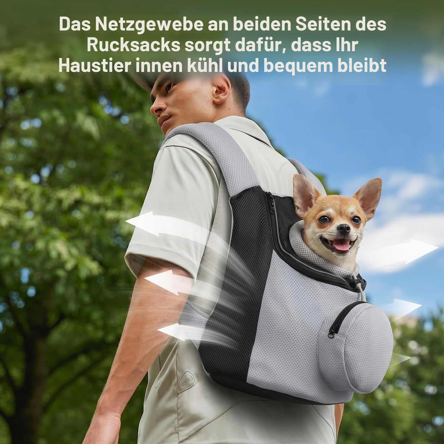 BONTHEE Hundetrage-Rucksack für kleine Hunde & Welpen – atmungsaktiver Frontrucksack mit PE-Boden und Aufbewahrungstasche, für Outdoor, Wandern & Reisen, bis 4.5kg