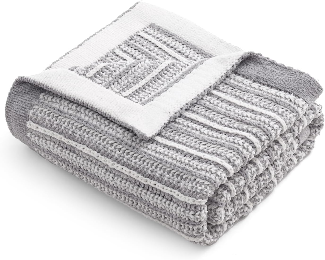 Amélie Home Striped Knit Throw Blanket for Couch, Dual-Sided Soft Chenille Decorative Blankets for Sofa & Chair, 50"x60", Gray & White - Image 2