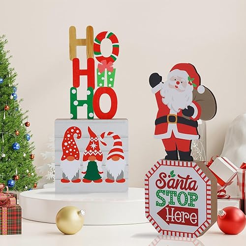 Miniatura 6 de Aovdy 4 carteles de mesa de Navidad, decoración de centro de mesa de madera, gnomo de Papá Noel, Noel, HOHOHO, decoración de escritorio de madera