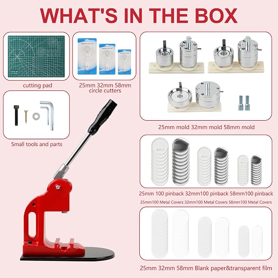 آلة صانع الأزرار أحجام متعددة ، 1 بوصة + 1.25 بوصة + 2.25 بوصة DIY Button Press Machine ، آلة ضغط الأزرار المعدنية مع حصيرة القطع وقص الدائرة ، تعال مع 300 زر إمدادات قطع الغيار