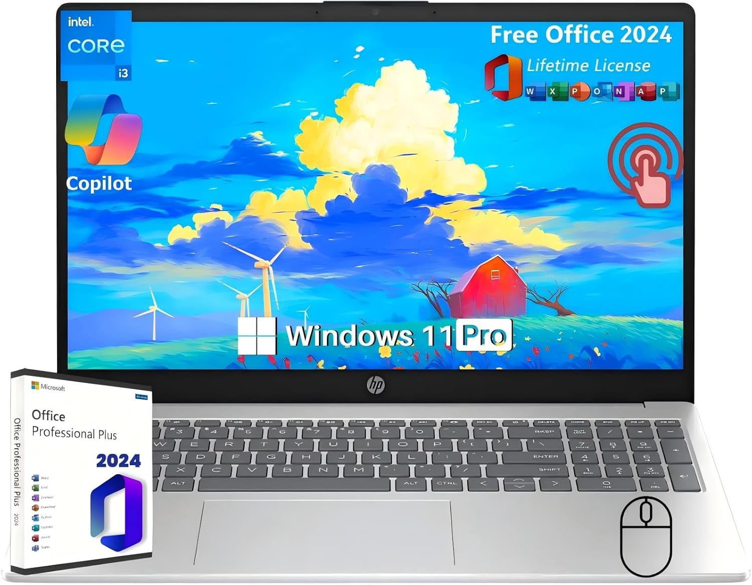 HP 15.6" Touchscreen Business Laptop Computer - with MS Office 2024 Lifetime License, Intel 6-core i3-1215U, 64 GB RAM, 1 TB SSD, UHD Graphics, Long Battery Life, Wi-Fi 6E, Windows 11 Pro, Copilot