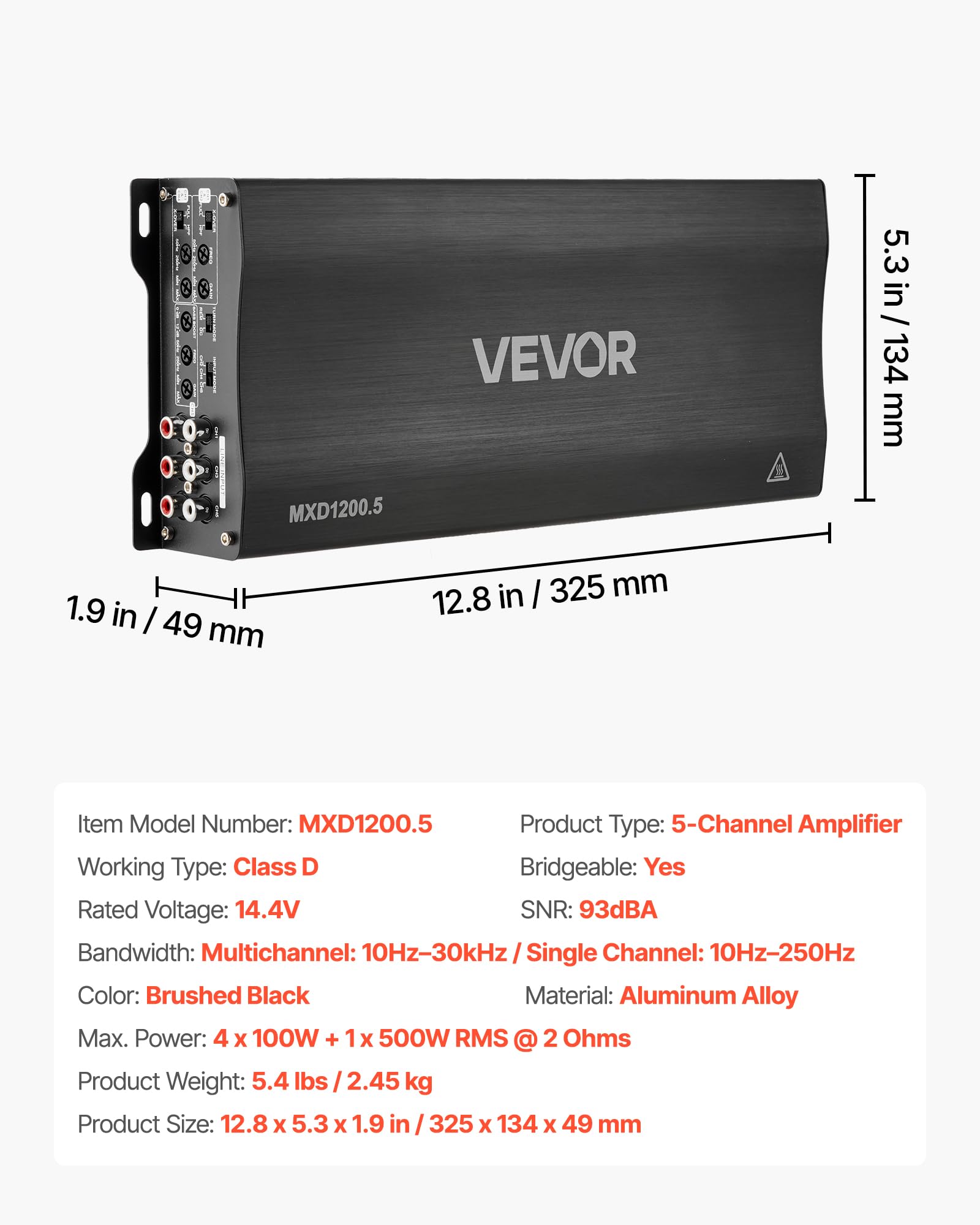 VEVOR Amplificateur Audio Voiture, Ampli de Puissance à 5 Canaux Pontables avec Sortie Subwoofer Dédiée, Classe D, 4x100W + 1x500W RMS sous 2 ohms, Amplificateur Multicanal Stéréo pour SUV, MPV
