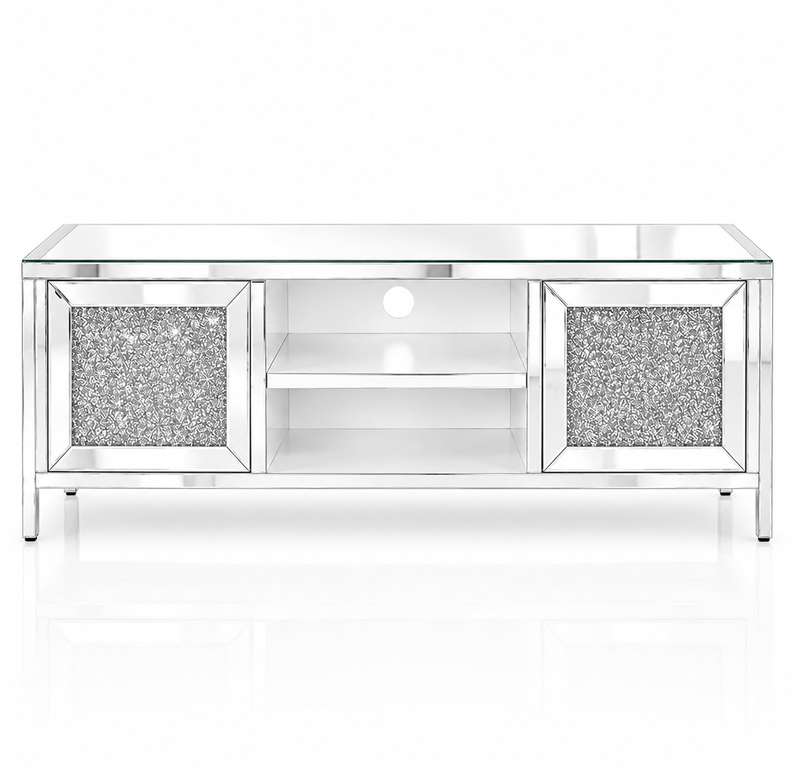 Mirrored TV Stand with Crushed Diamond Doors | Modern Entertainment Center with Spacious Storage | Wooden Media Console Cabinet for Living Room-image-24
