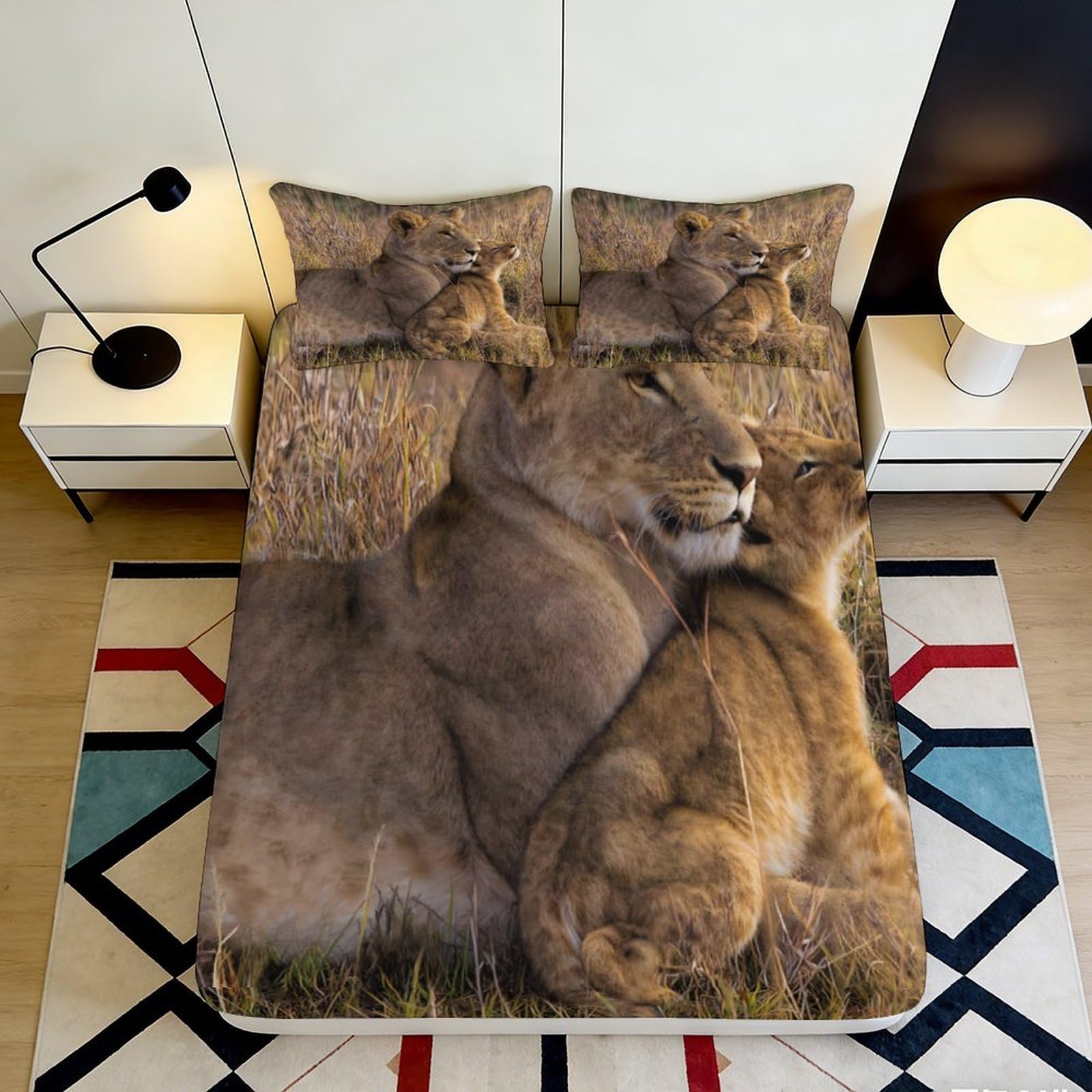 3D Printed Lion Family Fitted Sheet Microfiber Soft Breathable Savannah Animal Mattress Cover for Bedroom Dorm Mattress Protection Decor 140x200x25cm