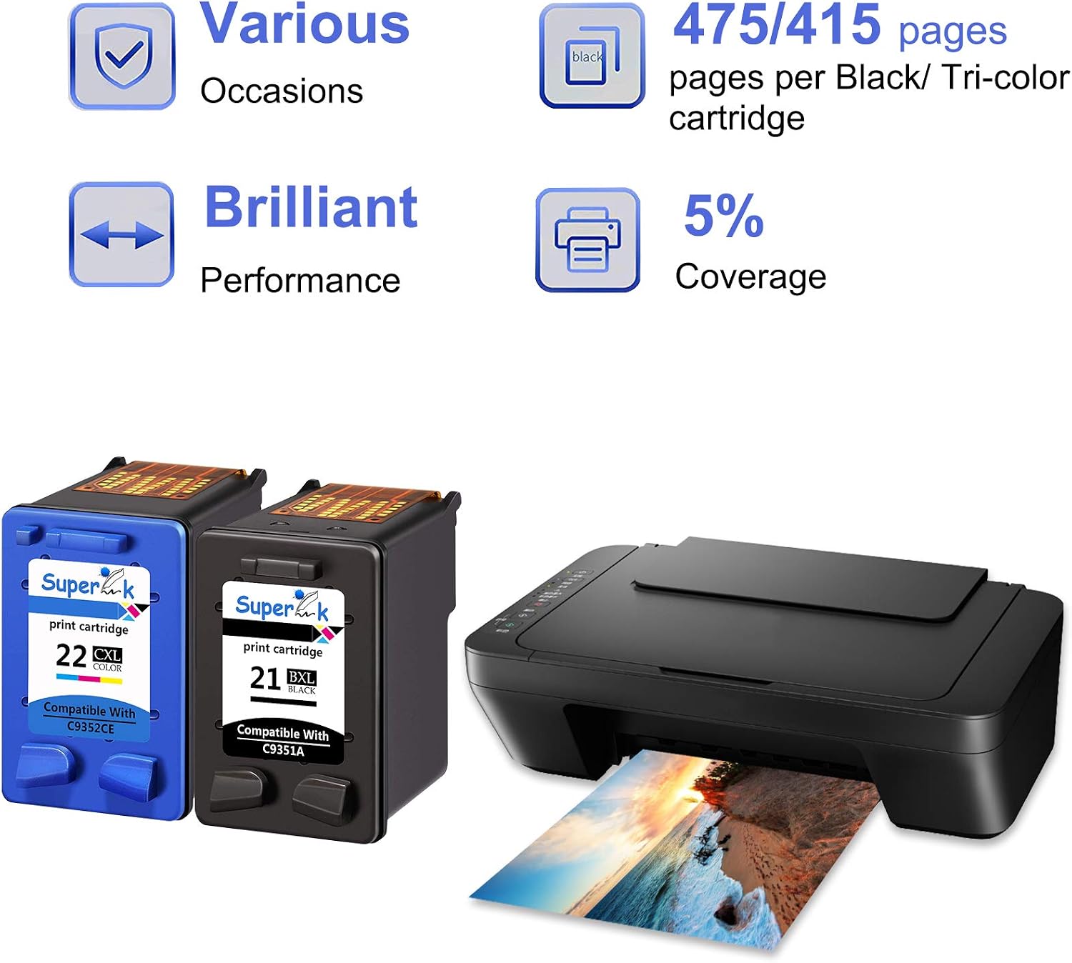 SuperInk Remanufactured High Yield Ink Cartridge Compatible for HP 21XL 21 22XL 22 Work with DeskJet D1520 D2345 F4140 F4180 F380 D1320 D1330 Officejet 4315 J3600 J3680 Printer(1 Black, 1 Tri-Color)