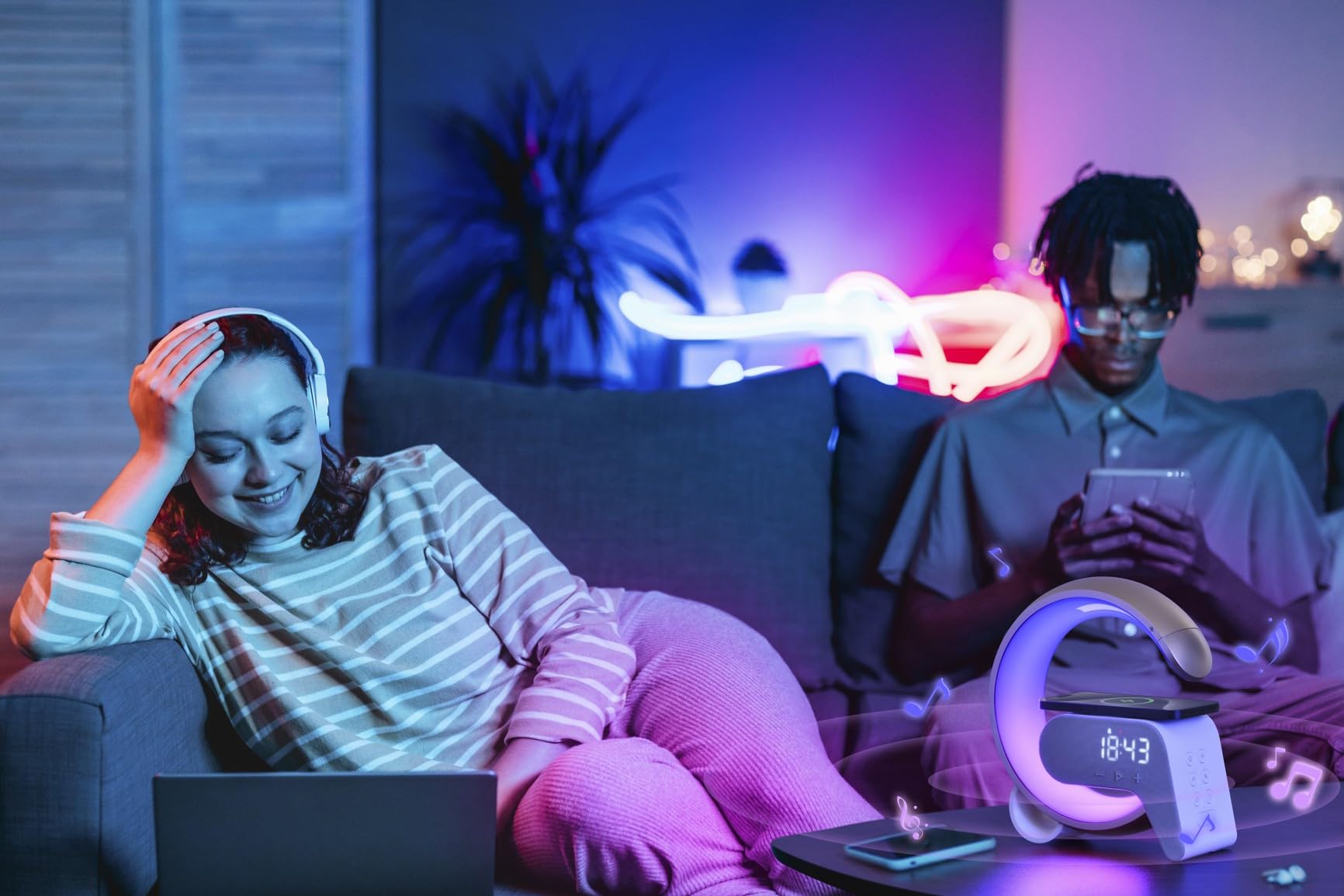IMMAX Lampa relaksacyjna LED FLAMINGO z ładowaniem QI, budzik, RGB, wyjście USB, srebrna
